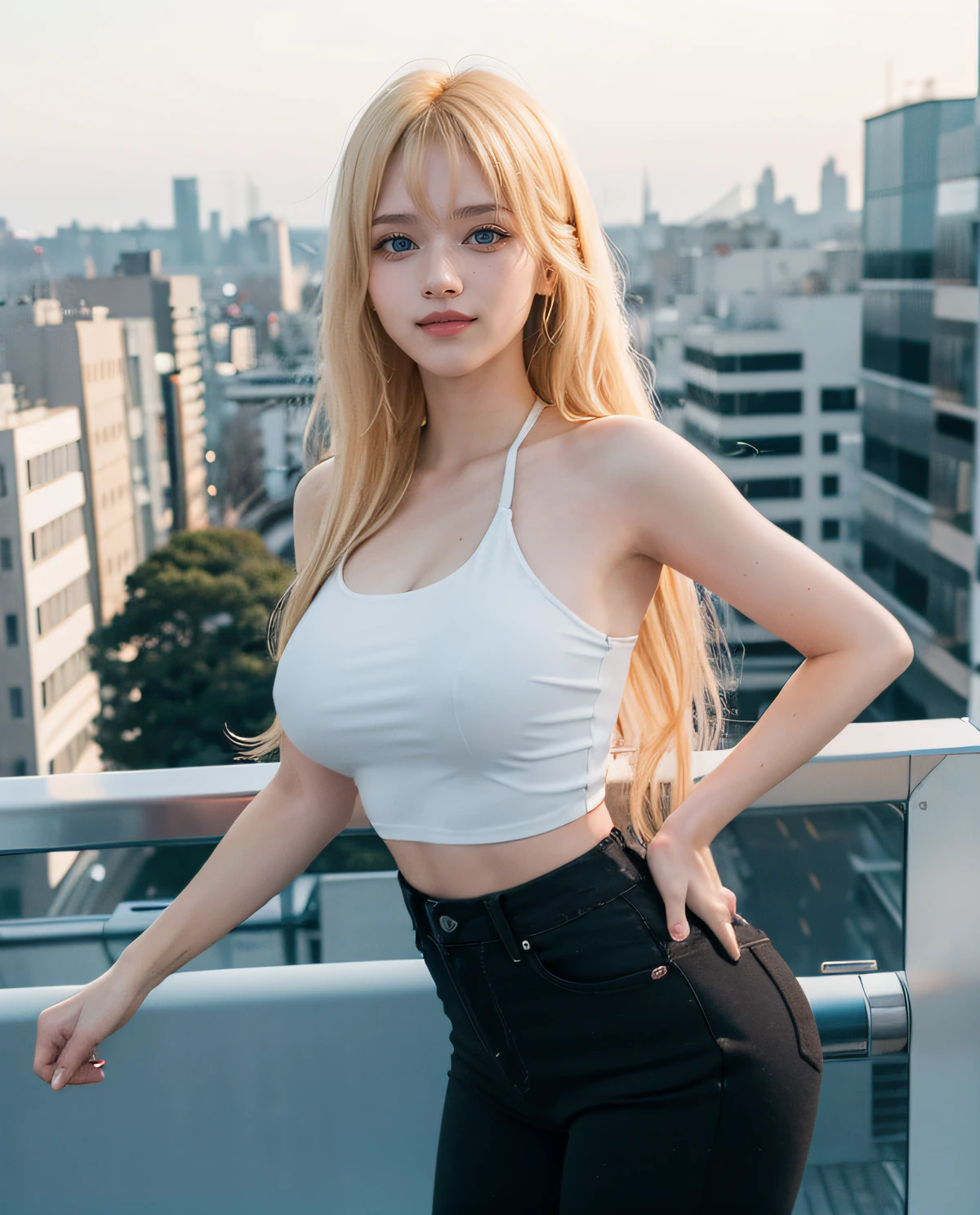 1girl, (Blue eyes), (Smile), (Sana Minatozaki), wide hips, Big Boobs, big ass, (Best Quality, 8k, Masterpiece: 1.3), perfect hands, Clear Focus: 1.2, Perfect Body Beauty: 1.4 , Slender Abs: 1.2, Highly detailed face and skin texture, detailed eyes, double eyelids, (blonde long hair whit bangs), (black offshoulders top), (black jeans), standing dynamic pose, on the balcony of the building, tokyo city in the background