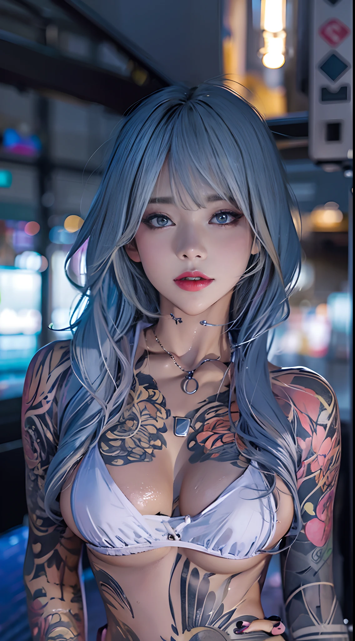 (Digital artwork for film: 1.3), High quality, masutepiece, of the highest quality, Super detail, illustration, Lots of tattoos，[4K digital art]、(Moody lighting:1.2), depth of fields, Bokeh, 4K, NFFSW. By masterpiece, Best quality, Night, 1 woman, gals、Light blue hair color、Light pink lips, Small breasts, skinny cheeks, Seductive face、 Realistic pores of the body, (The eyes are blue-gray: 0.8), Beautiful adult faces, 40 I, Soft volumetric lamp, (back lit lighting: 1.3), (Cinematic: 1.3), Intricate details, (art  stations: 1.3), porate,(Reflective shiny ultra-fine bikini:1.1),a necklace,Blue nails, cute smiling face, Cityscape、natta、Turn off the lights、(((dampness)))、Black light illumination、photon maping、physically-based renderingt、Night Pool、Urban atmosphere、on the roof of the building、The light of the water is reflected off the body、Body floating in the pool