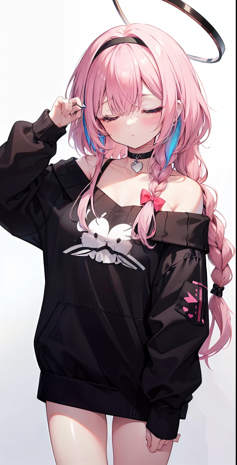 1girl, alternative costume, arona \(blue file\), bangs, bare thick legs, bare big thighs, bare shoulders, black choker, black hairband, black sweater, ((eyes closed from sleep)), blush, braid, choker, collarbone, colored inner hair, hair over one eye, (large chest), hair ribbon, hair band, halo, long hair, long sleeves, looking at viewer, multicolored hair, off-shoulder sweater, off-shoulder , pink hair, single braid, standing alone, sweater, Wariza, white background, white hair, arms raised, ((very sleepy))