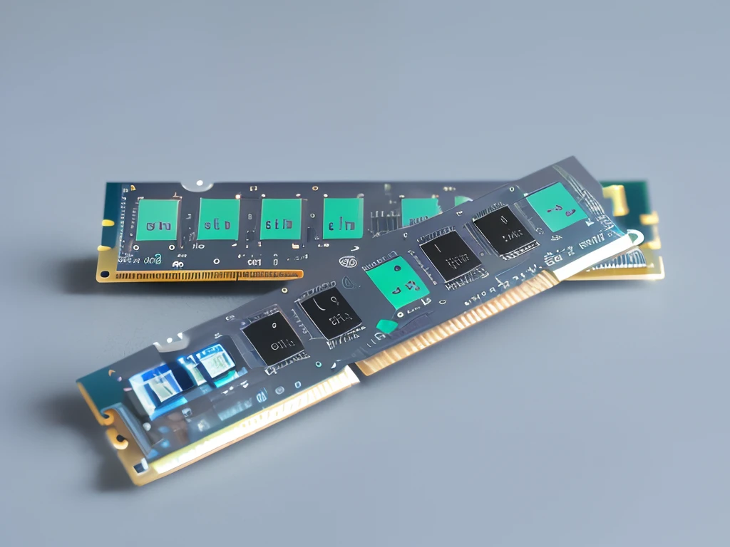 Two RAM modules sit on a table with a white background, computer chips, dimm light, micron, PC parts, computer components, h 9 6 0, very coherent image, H 8 0 0 C 1 0. 0, cpu gpu wafer, micro Chip, dr 8 k, micro Chip, ND 6, Biochips