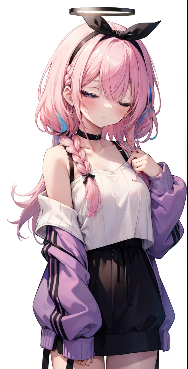 1girl, alternative costume, arona \(blue file\), bangs, bare thick legs, bare big thighs, bare shoulders, black choker, black hairband, black sweater, ((eyes closed from sleep)), blush, braid, choker, collarbone, colored inner hair, hair over one eye, (large chest), hair ribbon, hair band, halo, long hair, long sleeves, looking at viewer, multicolored hair, off-shoulder sweater, off-shoulder , pink hair, single braid, standing alone, sweater, Wariza, white background, white hair, arms raised, ((very sleepy))