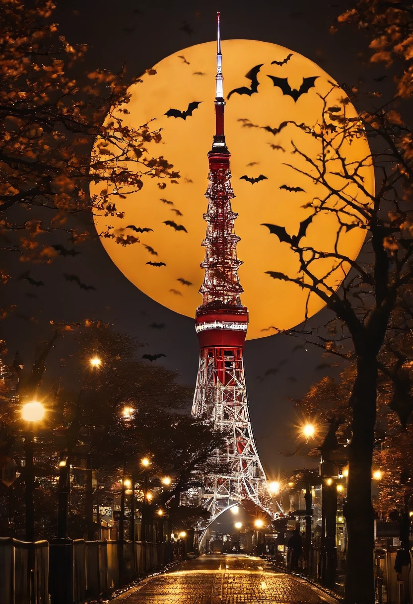 ((Tokyo Tower))Giant crescent moon、(((halloween night:1.9))),high-level image quality、raw、Standing at Tokyo Skytree、nighttime scene、Milky Way Galaxy、Andromeda Nebula、tokyo streets、Flowing Lines of Light、Meteor swarm、((Approach to the Moon))