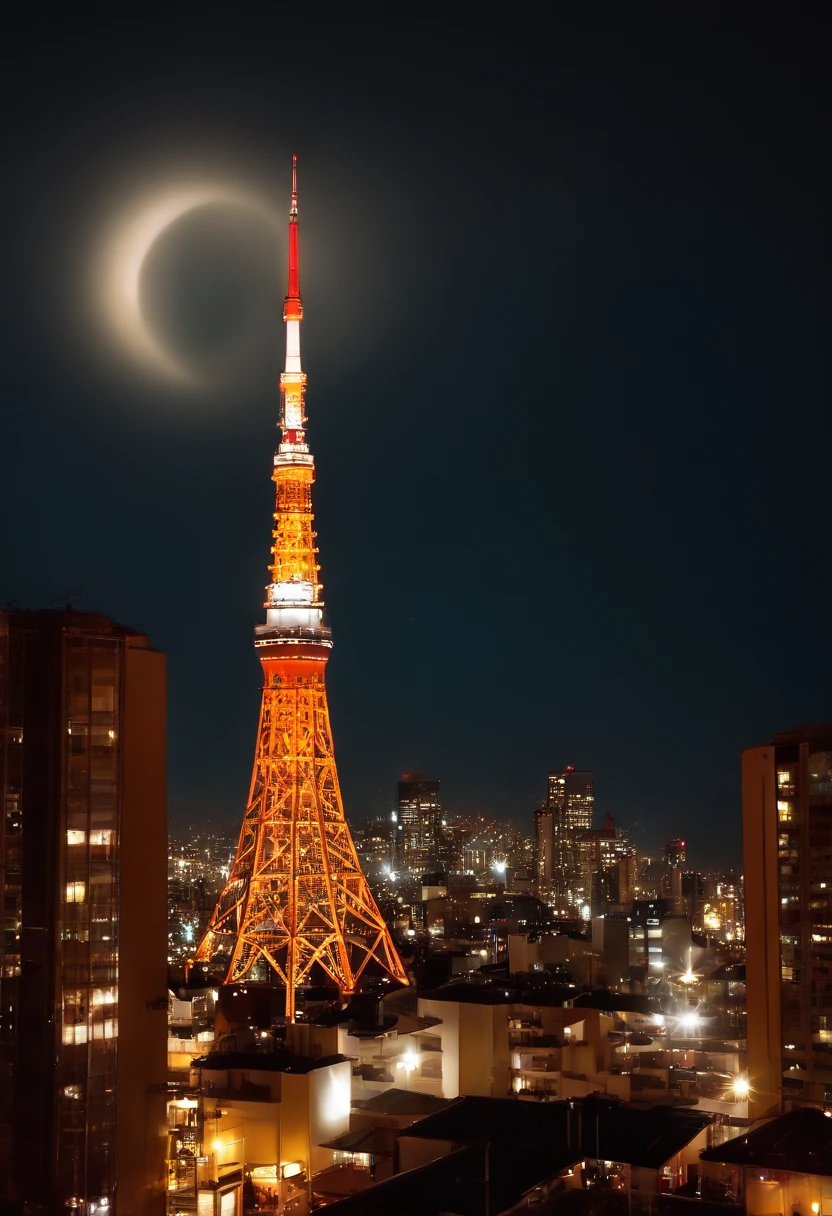 ((Tokyo Tower))Giant crescent moon、(((halloween night:1.9))),high-level image quality、raw、Standing at Tokyo Skytree、nighttime scene、Milky Way Galaxy、Andromeda Nebula、tokyo streets、Flowing Lines of Light、Meteor swarm、((Approach to the Moon))