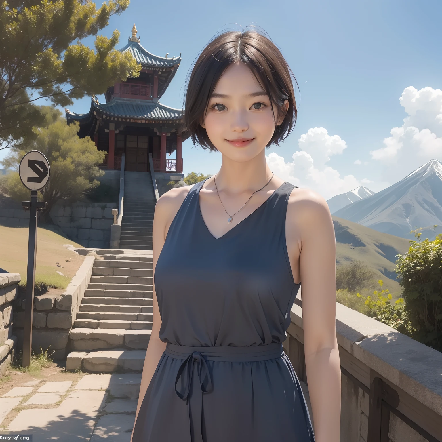 keqingdef, Upper body, Smile, Blush, Outdoors, day, Simple background, Blue sky, Short hair, sky, Temple, view the viewer, stairways, Mountain, Moody lighting, facingviewer,