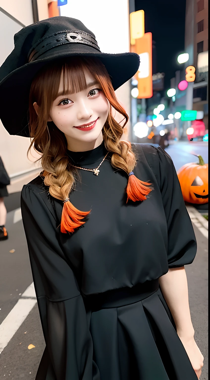 high quality, best quality, masterpiece, extremely fine and beautiful and detailed, professional photograph, appropriate lighting,
extremely beautiful girl, beautiful face, face tattoo,
halloween costume, black short dress, black witch hat, orange accessories,
smile, laughing, blushed cheeks, (slender, pale skin,:0.8)
very straight medium hair with single braid,
(bokeh, dynamic angle, city, on street, midnight, Shibuya,:0.8)