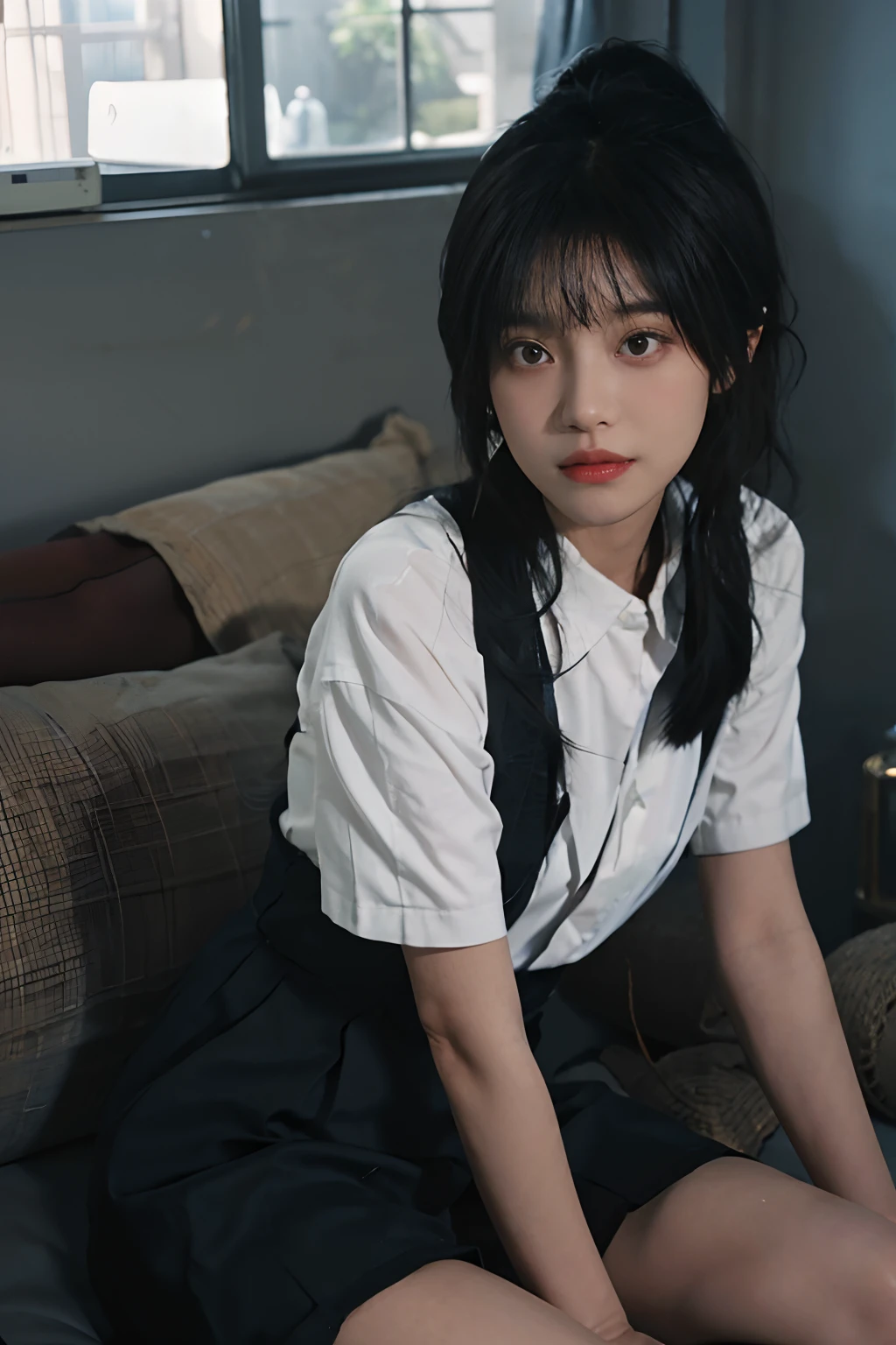 Model girl，full bodyesbian，Black stockings，Long legs，Delicate facial features，By bangs，Blue ponytail，hair messy，The hair is extremely realistic，Wears a blue shirt with short sleeves，In the background are the sky，seaview，Du Qiong，Delicate makeup，Light red lips，largeeyes，二重まぶた，Black holes，Bright eyes，facial-symmetry，The face is very real，Detailed portrayal of the girl's face，Blushlush，Super high value，Look at the audience，Realistic skin，Skin shines and reflects，art work，The clothes have an authentic fabric texture，photorealistic paintings，cinematic style，Photography level，Ray traching，Realistic light and shadow effects,真实感，A masterpiece，It's like the best photography，8K
