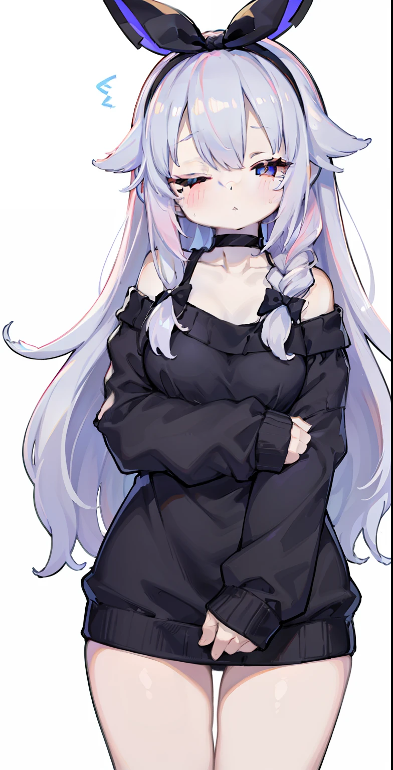 1girl, alternative costume, arona \(blue file\), bangs, bare thick legs, bare big thighs, bare shoulders, black choker, black hairband, black sweater, ((eyes closed from sleep)), blush, braid, choker, collarbone, colored inner hair, hair over one eye, (large chest), hair ribbon, hair band, halo, long hair, long sleeves, looking at viewer, multicolored hair, off-shoulder sweater, off-shoulder , pink hair, single braid, standing alone, sweater, Wariza, white background, white hair, arms raised, ((very sleepy))
