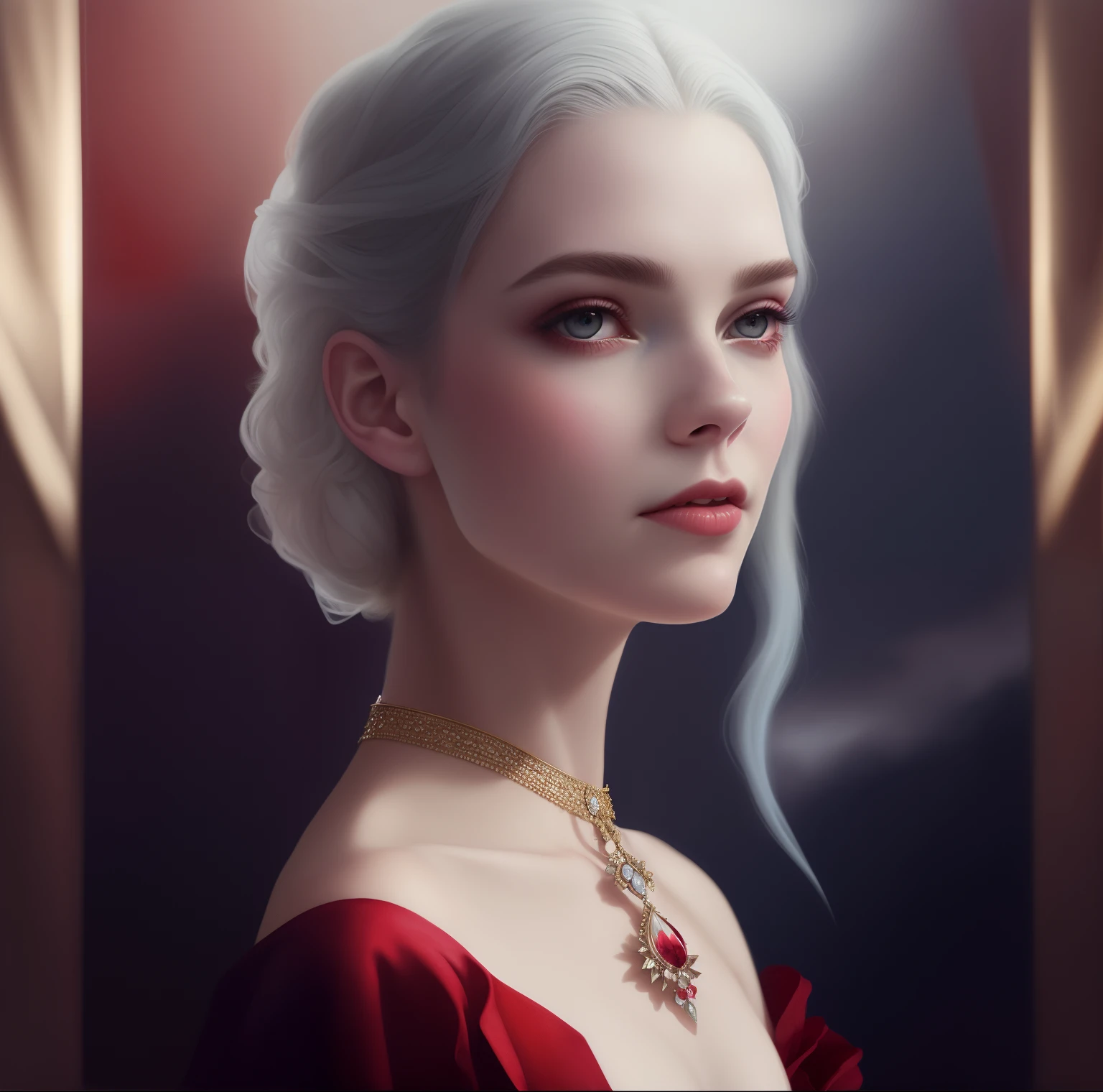 um close up de uma mulher em um vestido vermelho com um colar, Anya Taylor - Rainha Vampira da Alegria, Yuri Shwedoff e Tom Bagshaw, Karol Bak de Emma Watson Nun, Arte Estilo Tom Bagshaw, 4K HD |. cabelos brancos de neve, A Rainha Vermelha, Tom Bagshaw Estilo, Tom Bagshaw Estilo de Arte, arte de fantasia hiperrealista