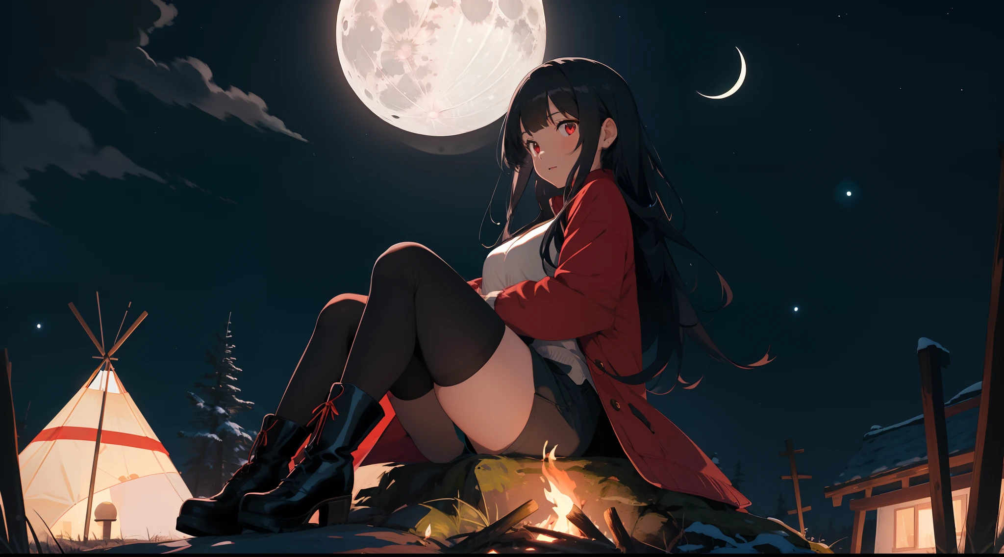 1girl in,Solo,full_Body,(tall:1.1),Black_hair,long_hair,Thick_hair,Bangs,Red_Eyes,Medium_breasts,Sitting,coat,Shorts,pantyhose, long boots,
Scenery, Campfire, Night,teepee,Moon,nigh sky, Star,
masutepiece,Best Quality,hight resolution,absurderes, BREAK,a moon,a moon,a moon,a moon,a moon,a moon,a moon,a moon,a moon,a moon,a moon,a moon,a moon,a moon,a moon,a moon,a moon,a moon,a moon,a moon,a moon,a moon,a moon,a moon,a moon,a moon,a moon,a moon,a moon,a moon,a moon,a moon,a moon,a moon,a moon,a moon,a moon,
