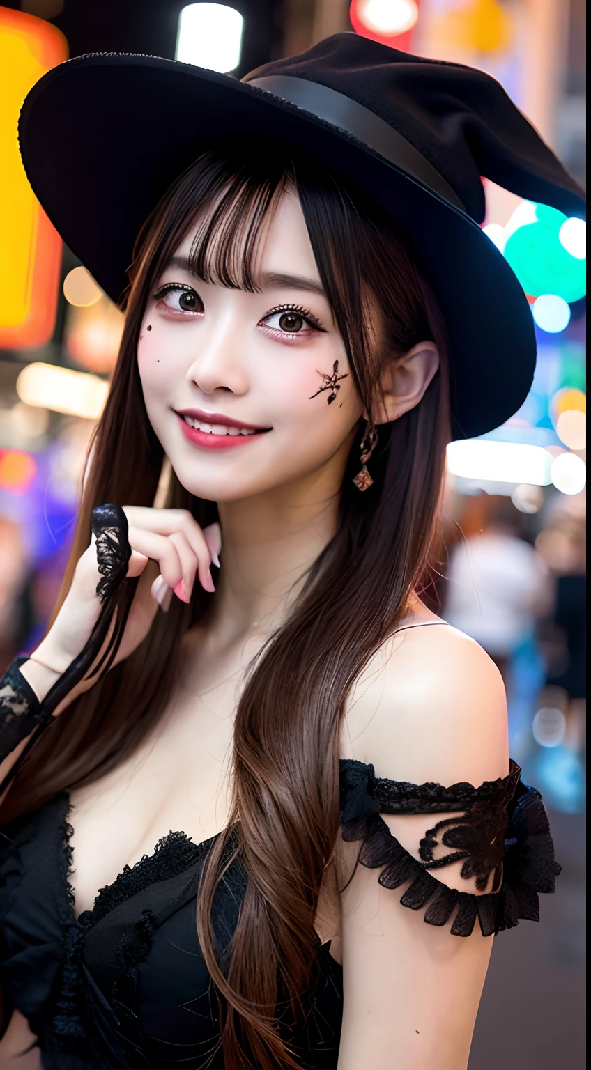 high quality, best quality, masterpiece, extremely fine and beautiful and detailed, professional photograph, appropriate lighting,
extremely beautiful girl, beautiful face, face tattoo,
halloween costume, black short dress, black witch hat, orange accessories,
smile, laughing, blushed cheeks, (slender, pale skin,:0.8)
very straight medium hair with single braid,
(bokeh, dynamic angle, city, on street, midnight, Shibuya,:0.8)