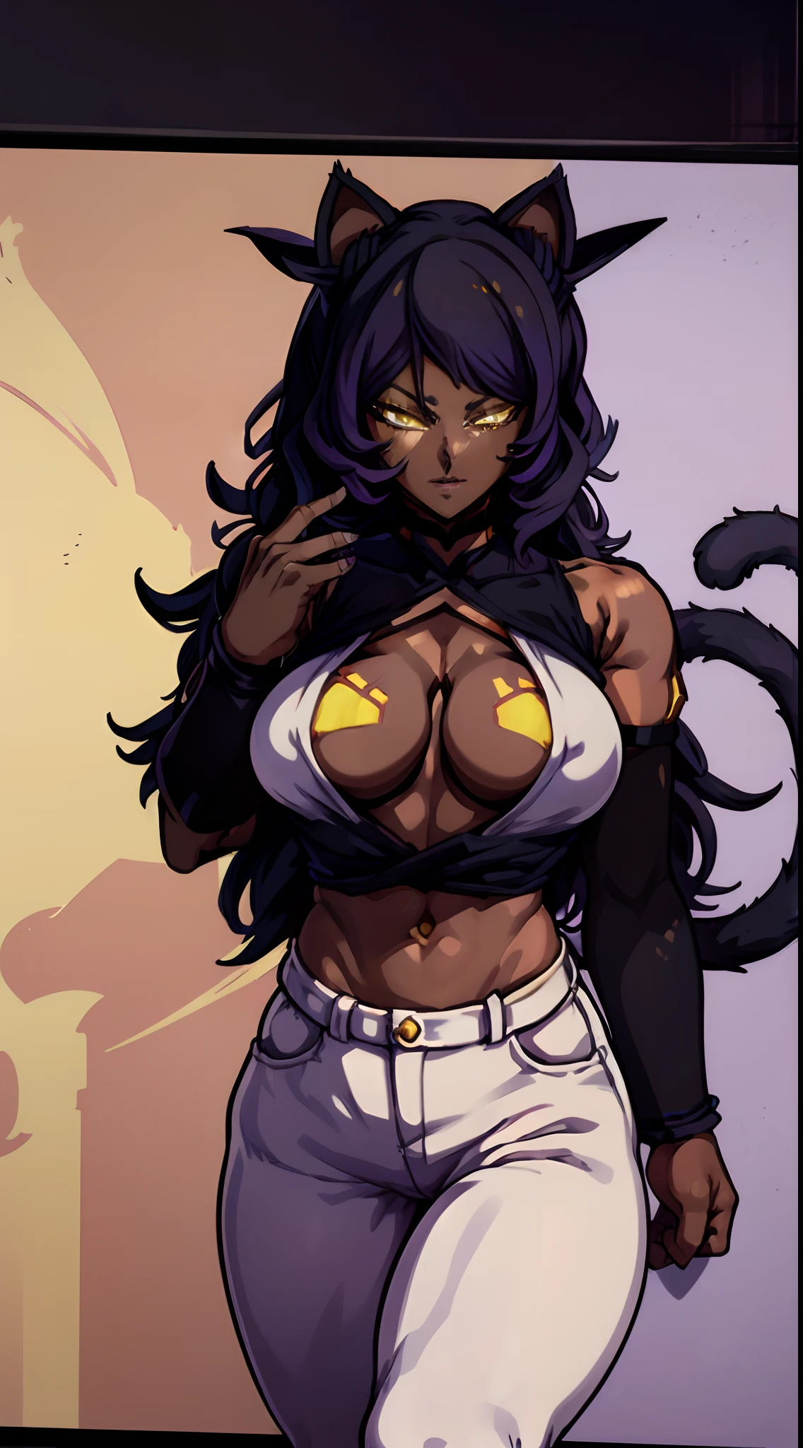 (masterpiece, best quality), ki charge, shouting, professional art, digital art, 4k, (complex background:1.35), hot springs, indoors, big ass, lipstick, (purple makeup:1.1), yellow eyeshadow, detailed hair, detailed face, (japanese clothes:0.6), (hip vent:1.3), (bridal gauntlets:1.1), (slightly transparent clothes:1.2), (young female, 19 years old:1.1), Large Breasts, cleavage, (fit body: 1.1) Solo, muscular ebony skinned blake belladonna with large breasts, ((very dark-skinned belladonna:1.75)), black halterneck, long and straight hair, cat ears, ((cat ears:1.5)) female, bangs, (yellow eyes:1.3), saiyan, ((belladonna having monkey tail)), open clothes, exposed midriff, midriff, wearing a pair of ripped white shorts, soft lineart, thick lineart