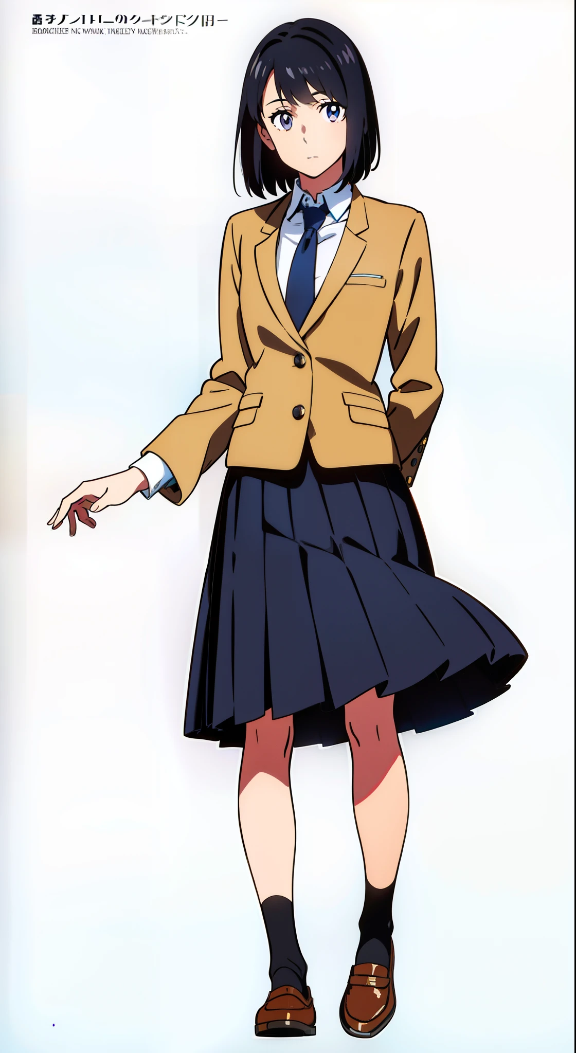 (white background:1.1), (best quality:1.1), (masterpiece:1.1), (full body:1.0), (solo:1.0), (a 18yo cute girl:1.0), (long skirt:0.9), (dark blue skirt:1.0), (pleated skirt:1.0), (school uniform beige blazer:1.0), (dark blue necktie:1.0), (black socks:1.0), (loafers:1.0), (lanky:1.1), (tall:1.1), (slender:1.1), (small breasts:1.1), (detailed beautiful eyes:1.0), (detailed beautiful face:1.0), (glowing black eyes:1.0), (short hair:1.0), (strait hair:1.0), (black hair:1.0)