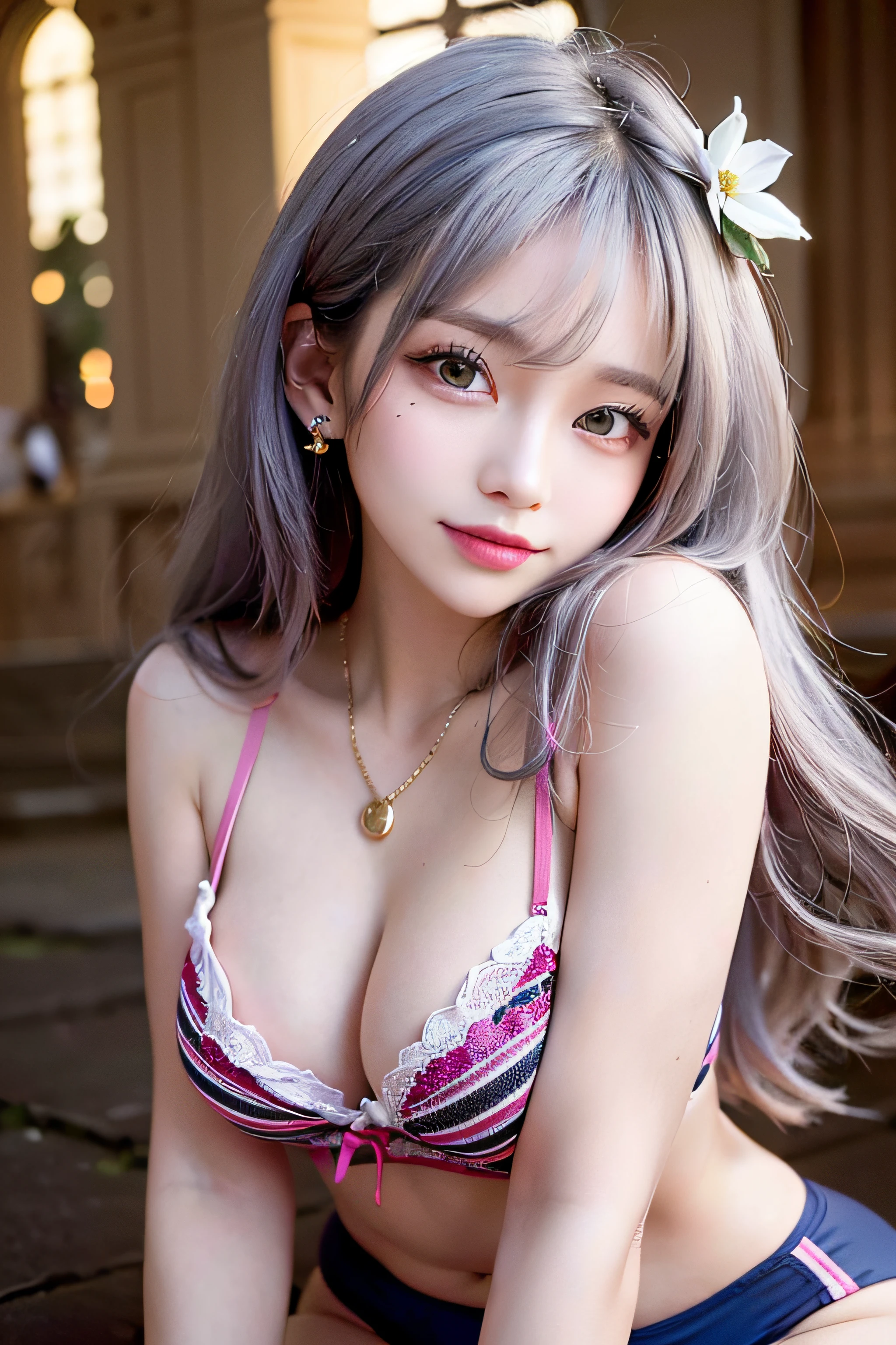 Sexy , Full face， (Slim shoulder straps, Ultra-low-cut top)( Very close view )Women's watches，[Face view] , ((High slit panties))，clothes see-through (((Outdoor paradise))), ((Petals flying in the air ))，Light smile，，camel-toe,(Crystal colorful lights),，Soft clouds，(Cover with a scarf), ((Super short cute pattern cotton coat|no underwares|Slightly perspective ) ((greek architecture，Bohemian architecture，Hindu temples，Thai snacks，Thai style)) starrysky，Beautiful，hips bare，earring，Pink sexy yarn,（(Striped underwear、Black openwork underwear、Transparent embroidered tulle underwear set,Gold bracelets，Pink lace gloves)）Lace pantyhose、Lace gloves、Wedding headscarf、pearls necklace,（ dress）(Very small panties),Moles under eyes, ((Gray-pink hair))，Crystal glowing necklace
（（Masterpiece））,（realisticlying：1.2）,best qualtiy,high high quality,absurderes,rich colourful,stunning art,best qualtiy, ultra - detailed,beautifuldetails， reflective hair,Good lighting, Ray traching， depth of fields,ultra - detailed,illustratio,astounding,finedetail,The is very detailed， （（ultra - detailed））， （Beautiful Meticulous Girl）， Beautiful detail glow， Complicated details， A high resolution， Extremely refined and beautiful,beatiful detailed eyes， hdr， Round eyes, detailedfacialfeatures,（Round pupils：1.4） （illustratio）,（美丽细致的眼睛）（Very very detailed face））， ((depth of fields))((Solid)),（alluring face）(（ssmile：1.3）)， Smiling lips， （looking at viewert：1.1） closeup cleavage， wide wide shot， Side Body， photore， lewd poses ， Moody light， Sistine Phil Beldev, Smile，（（（Masterpiece，Best quality，A high resolution）））），Extremely detailed 8K，Beautiful girl with busty body，（hyper HD，ultra - detailed，High detail，high realistic，Ultra-realistic，Photo realism）,（1girll：1.5）,（realistic dark hair），Short curly hair，Bob cuts hair，（Dynamic posture）,A shallow smile,Open lips，Detailed eyes，Bigchest，(Breast enlargement)
（Beautiful and detailed face，Beautiful and delicate eyes），Sunlight）,（Beautiful buttocks 0.5），Color backlight