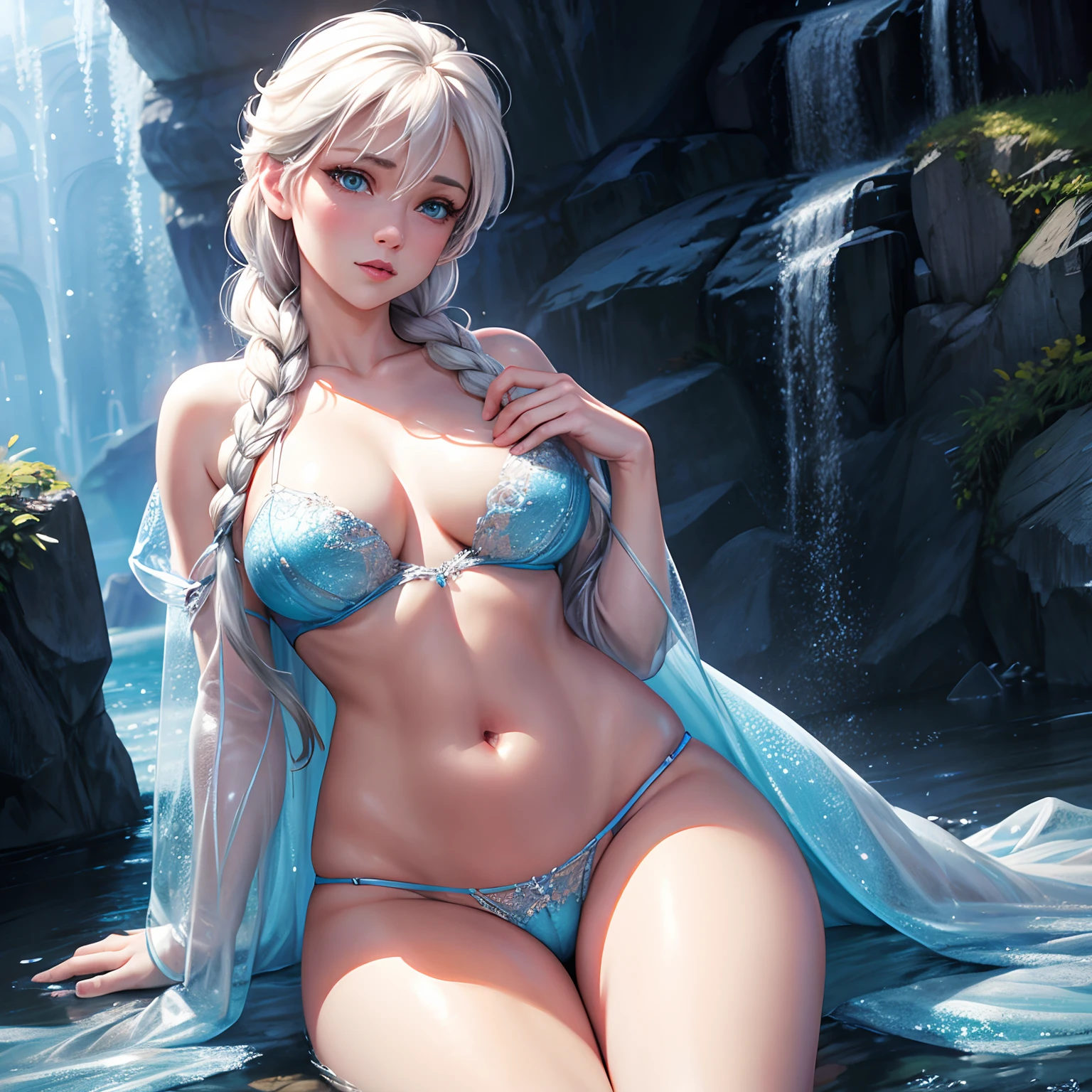 Photo realistic Disneys Frozen Elsa in sexy lingerie revealing large breasts while touching her groin