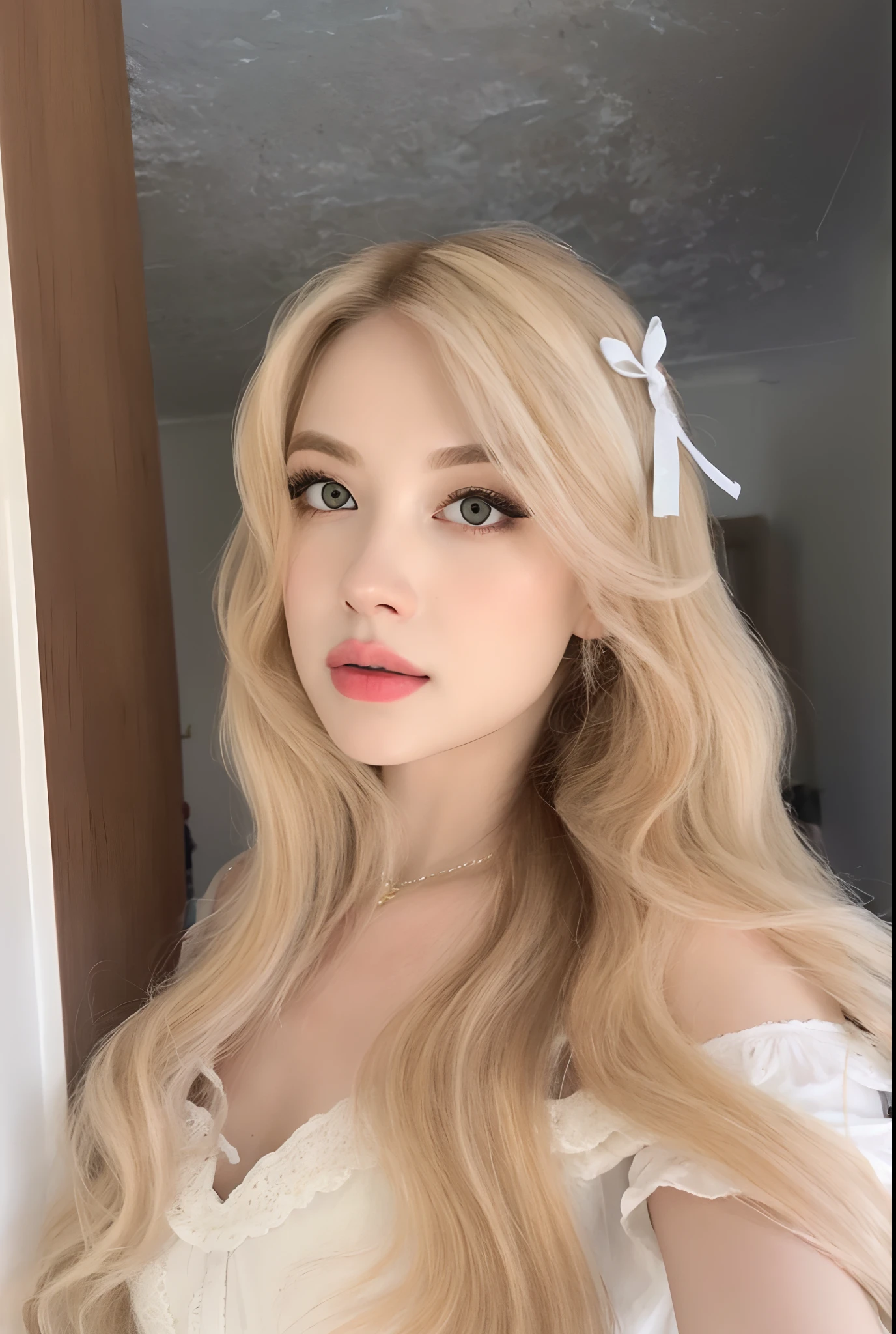 um close up de uma mulher com longos cabelos loiros usando um vestido branco, longos cabelos loiros e olhos grandes, longos cabelos loiros e olhos grandes, linda Delphine, Retrato de Kim Petras, cabelos loiros e olhos grandes, uma com cabelo loiro, pale skin curly blond hair, Deusa loira, ava max, com longos cabelos loiros, menina bonita, uma loira linda