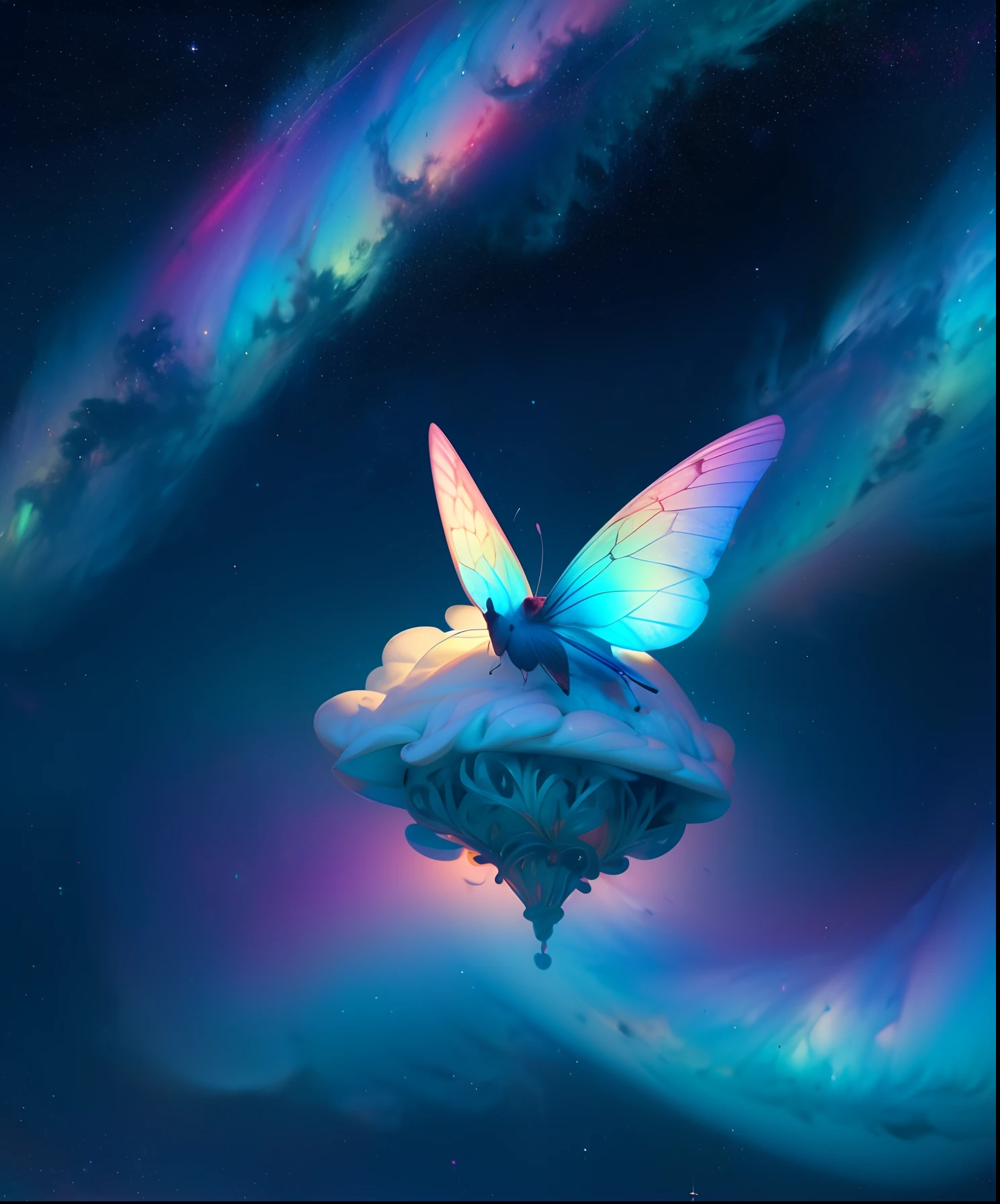 Cute iridescent round monster in space、Iridescent grass々Drawing a butterfly flying over the water, Looking up at the starry sky. Surround her with colorful nebulae and colorful forests.