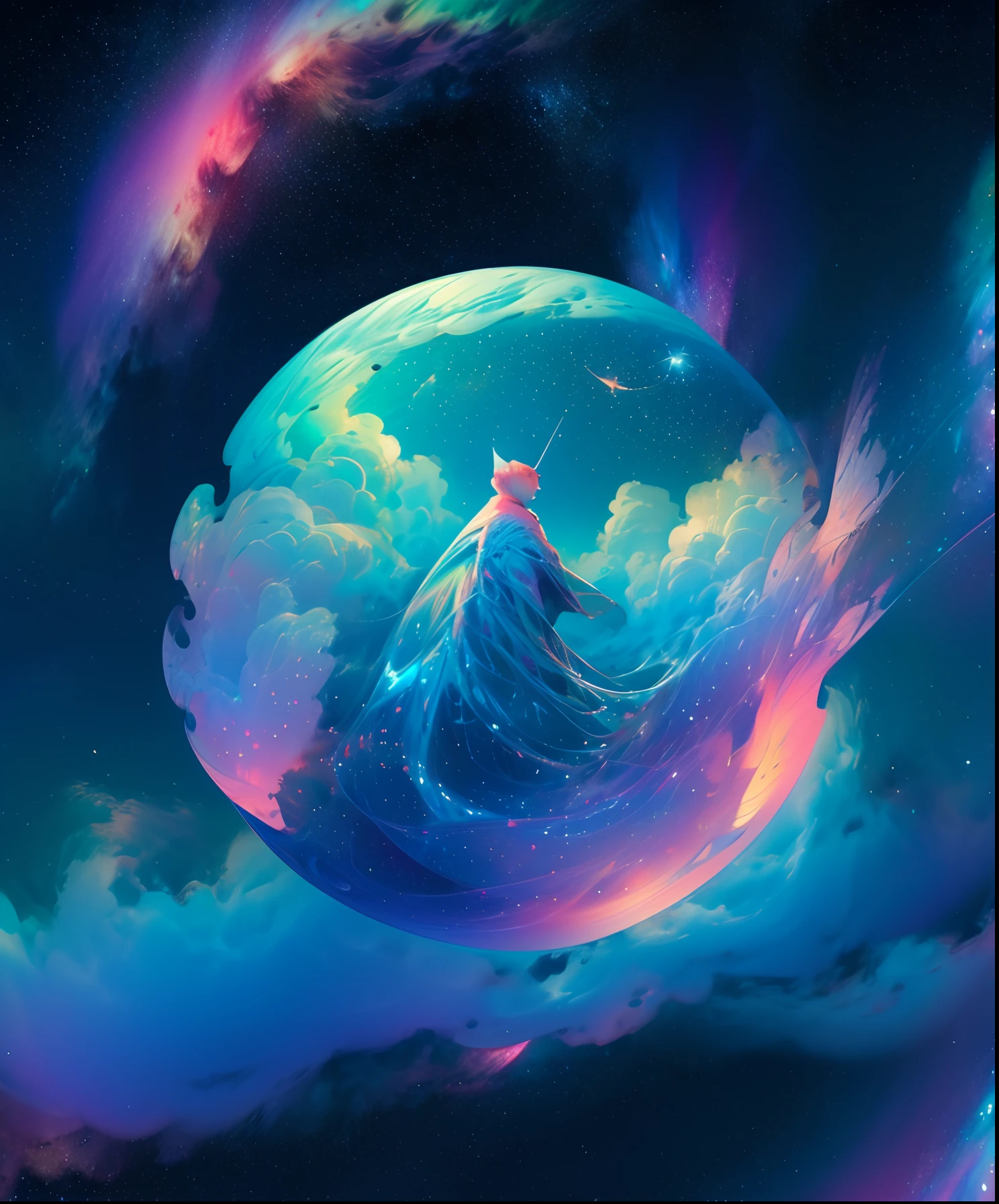 Cute iridescent round monster in space、Iridescent grass々Drawing a butterfly flying over the water, Looking up at the starry sky. Surround her with colorful nebulae and colorful forests.