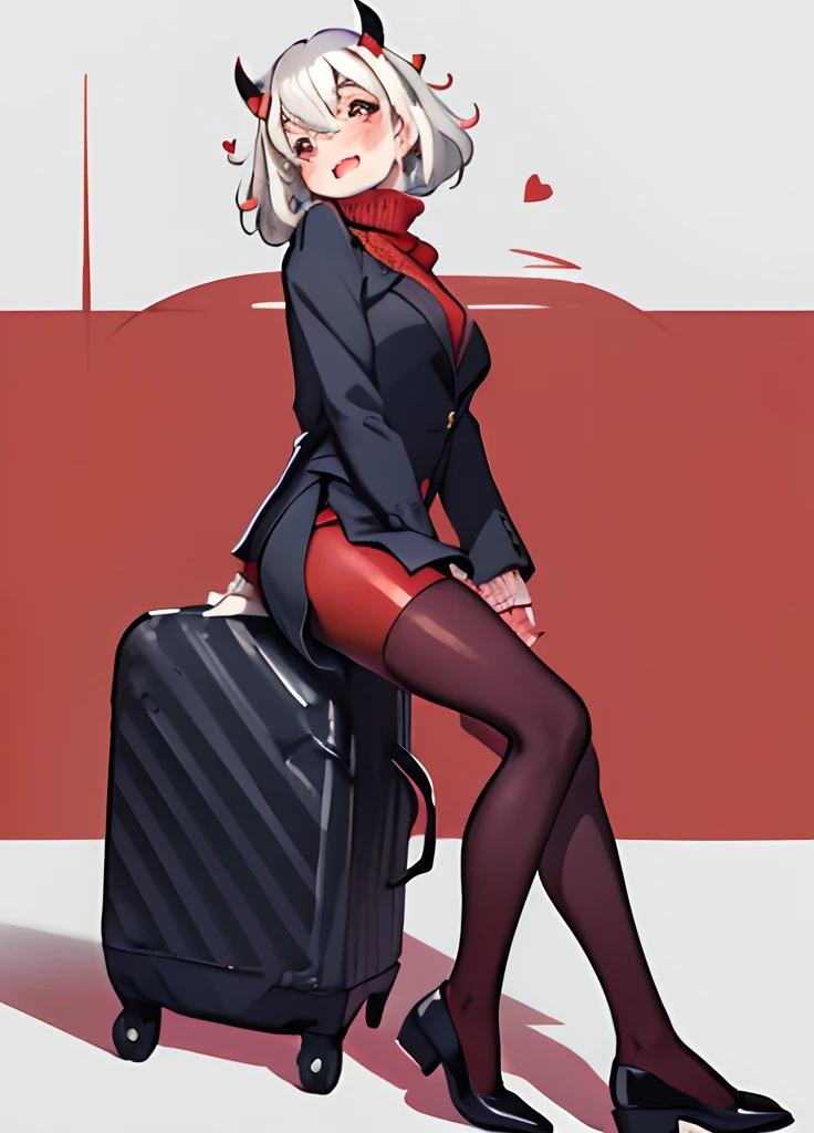 (masterpiece, best quality:1.2), cowboy shot, solo, 1girl, htmodeus, blush, laughin, happy, looking back, heart-shaped pupils, formal, black jacket, red sweater, turtleneck, sleeves past wrists, black skirt, red pantyhose, white medium short hair, black horns, daemon tail,