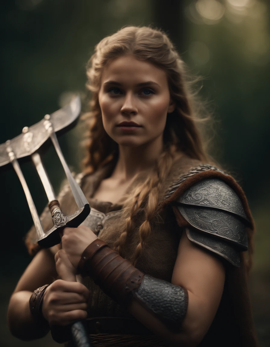 8k, best quality, master part, Ultra high resolution, (realismo: 1.4), photo original, realistic (filmic grain: 1.3), ( A young  viking woman holding A powerful magical weapon) (highly detailed skin), (detailed face) complex details