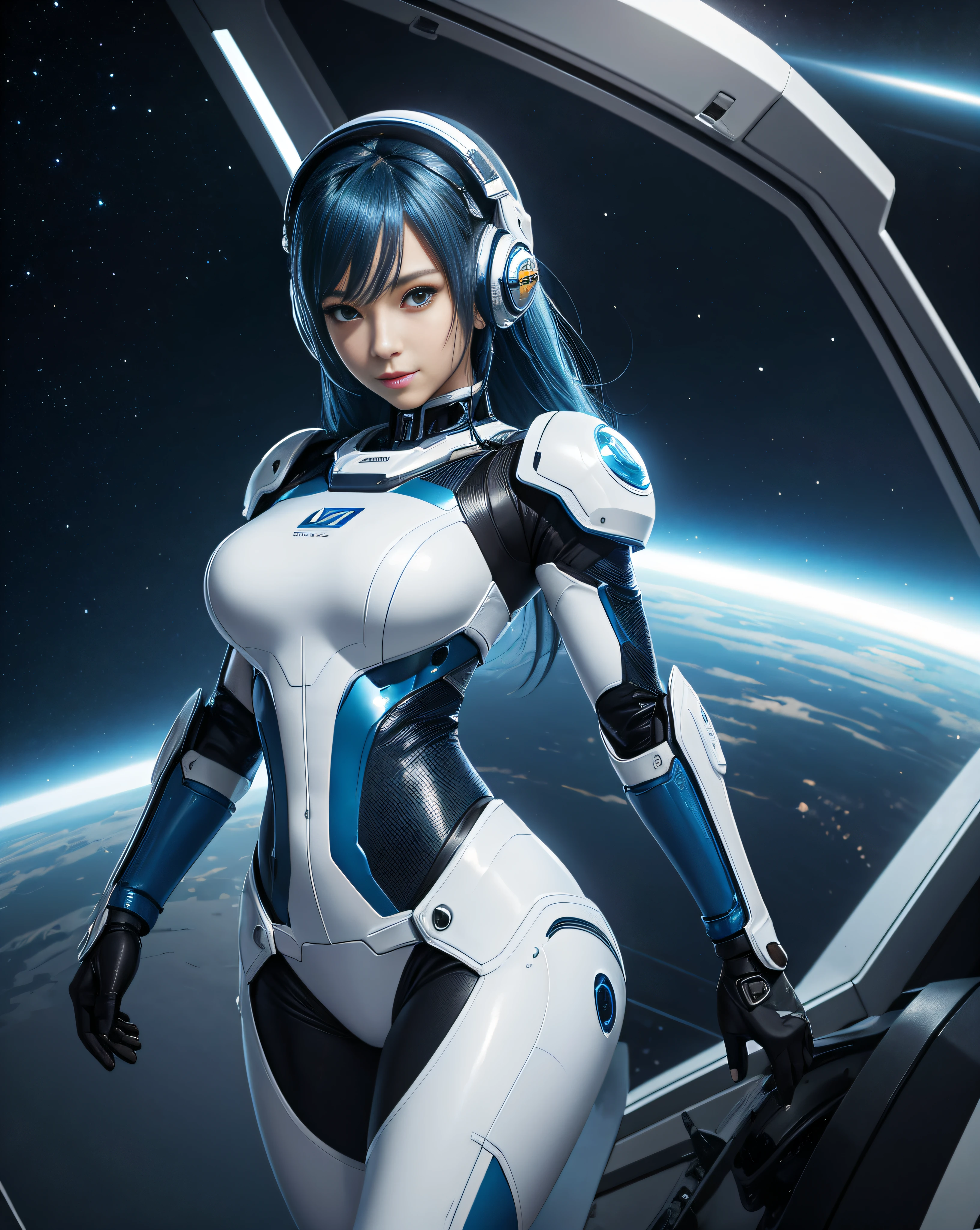 Full body, blue hair, blunt van, masterpiece, top quality, official art, album art, very elaborate CG Unity 8K wallpaper, lone girl, Japan girl, full body, super high resolution, (photorealistic: 1.4), dynamic angle, dynamic pose, mystical power, floating particles, reflection, so cute, sparkling blue color eyes, golden hour lighting, Pilot suit in white and blue and black colors, tight fitting clothes, full-body covering clothes, knee boots, (puffy eyes), viewer looking, front-facing, beauty, medium breasts, shirt lift, metal wire, slim body, arm-length gloves, anime heroine, gentle smile, headset, helmet, detailed robot cockpit, super futuristic space