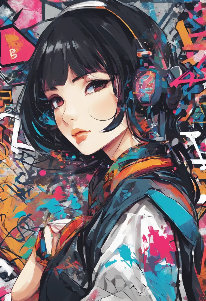 digitalart、monochromes、1990s anime style、Black Hair Bob、Beautiful girl in Japan uniform、18year old