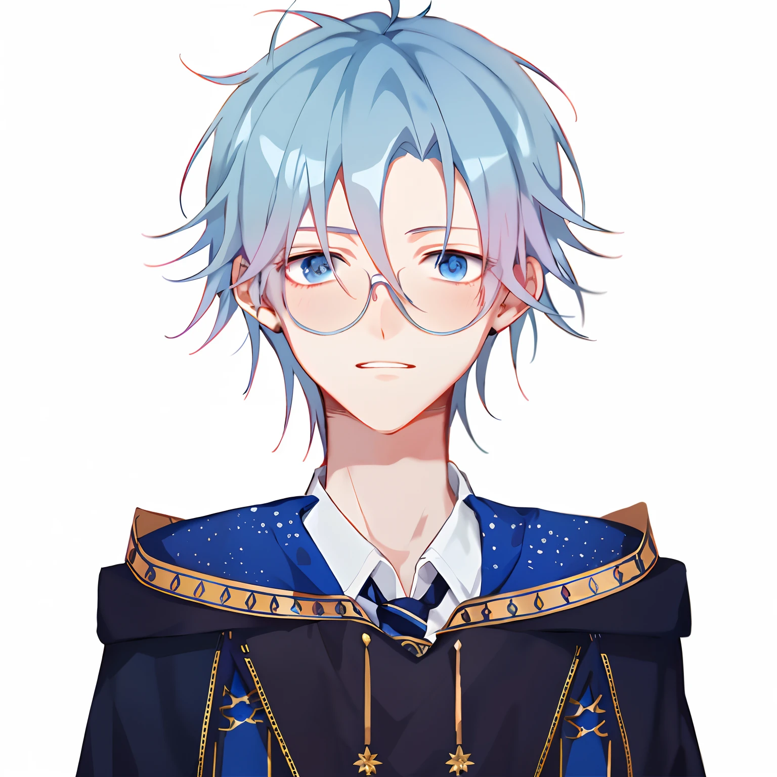 Anime boy with blue hair and blue eyes wearing a blue jacket, Delicate androgynous prince, young anime man, Beautiful androgynous prince, Anime portrait of a handsome man, Tall anime guy with blue eyes, 2 d anime style, anime moe art style, young wizard, male anime character, official character illustration, official character art