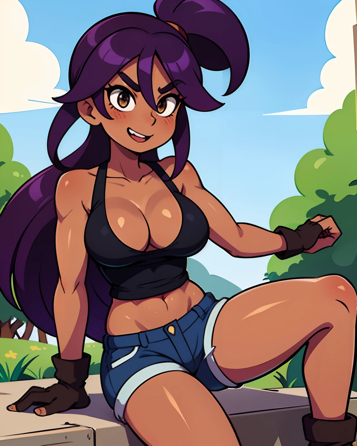 Lara Croft, Yoruichi Shihouin, cleavage, 25yo woman, hazel eyes, long purple hair in a ponytail, adventures outfit, medium breasts, waist, green tank-top and tan jean shorts, white sox, black gloves, hiking boots, thigh gun holsters, purple hair, determined smile, beautiful woman, hourglass figure, solo mature woman, strong muscular woman, masterpiece, Sharp focus :1.2, A pretty woman with perfect figure :1.4, Slender abs :1.2, (dark skin, dark-skinned female:1.2),