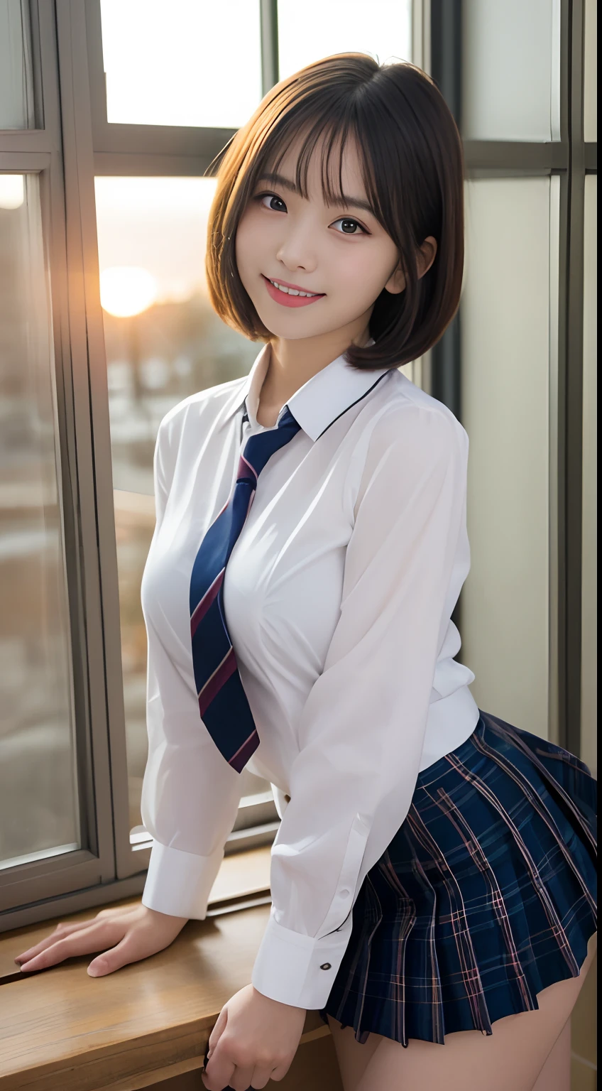 masutepiece, Best Quality, Illustration, Ultra-detailed, finely detail, hight resolution, 8K Wallpaper, Perfect dynamic composition, Beautiful detailed eyes, ribon tie, high school uniform, frilled Mini skirt, Very short bob hair, gigantic breasts, Bold sexy poses, Smile, school, 18 years girl, Cute, Sexy shot looking at camera, sunset, by the window,