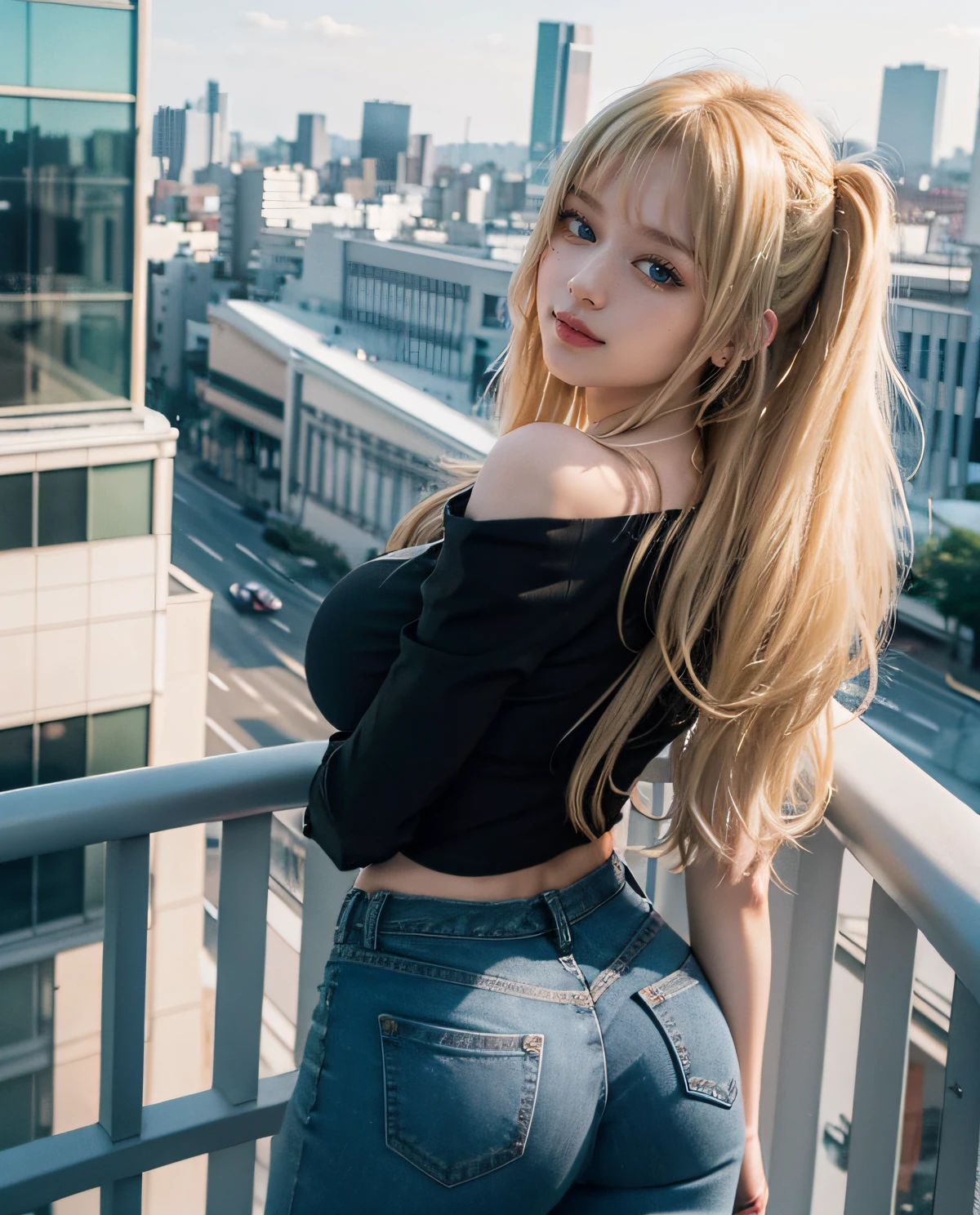 1girl, (Blue eyes), (Smile), (Sana Minatozaki), wide hips, Big Boobs, big ass, (Best Quality, 8k, Masterpiece: 1.3), perfect hands, Clear Focus: 1.2, Perfect Body Beauty: 1.4 , Slender Abs: 1.2, Highly detailed face and skin texture, detailed eyes, double eyelids, (blonde long hair whit bangs), (black offshoulders top), (black jeans), standing dynamic pose, look back, view from back, on the balcony of the building, tokyo city in the background