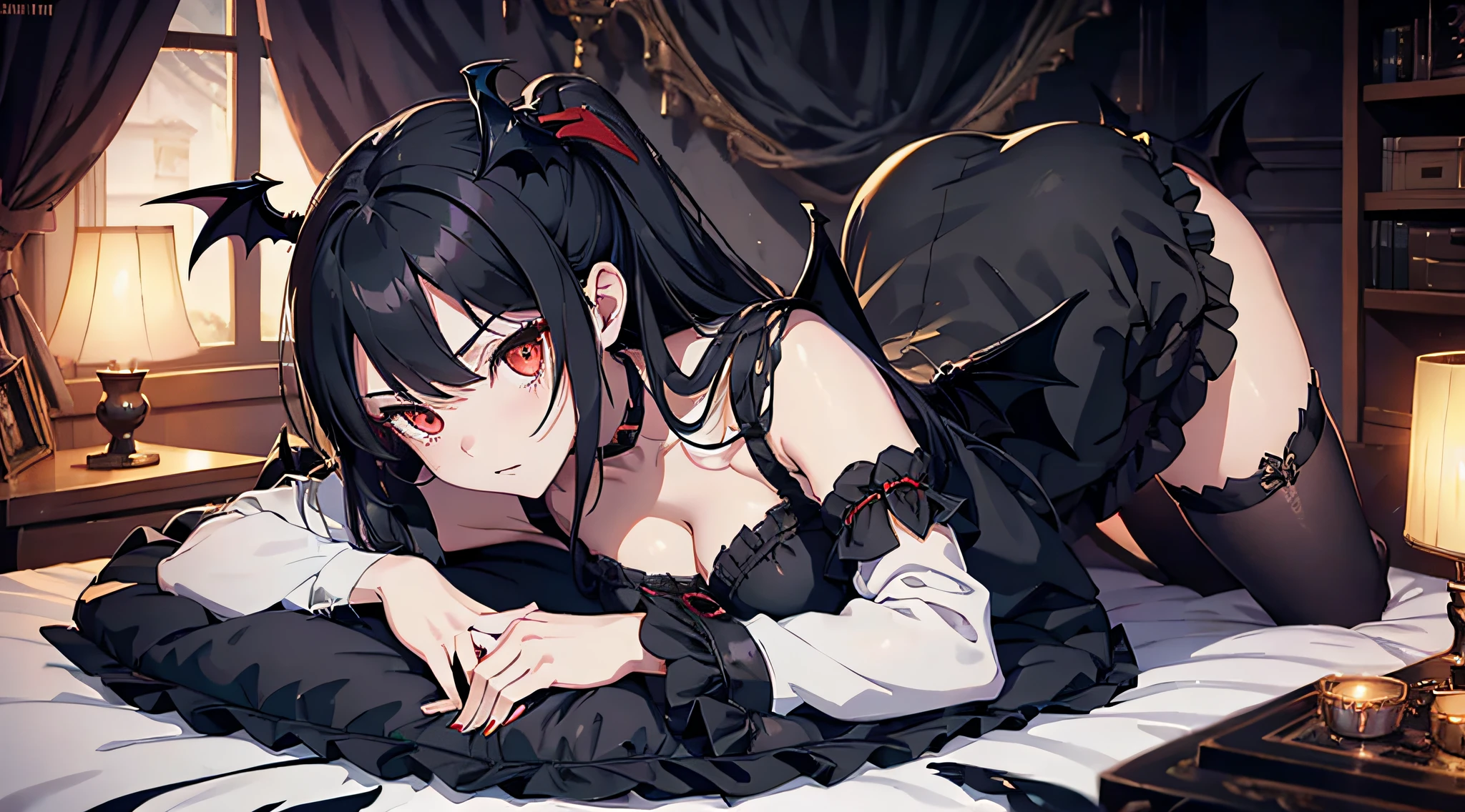 Vampire with short black hair, red eyes and blood in her mouth, she is showing boobs and nipples*no clothes on top*,on all fours with your tongue out and no panties