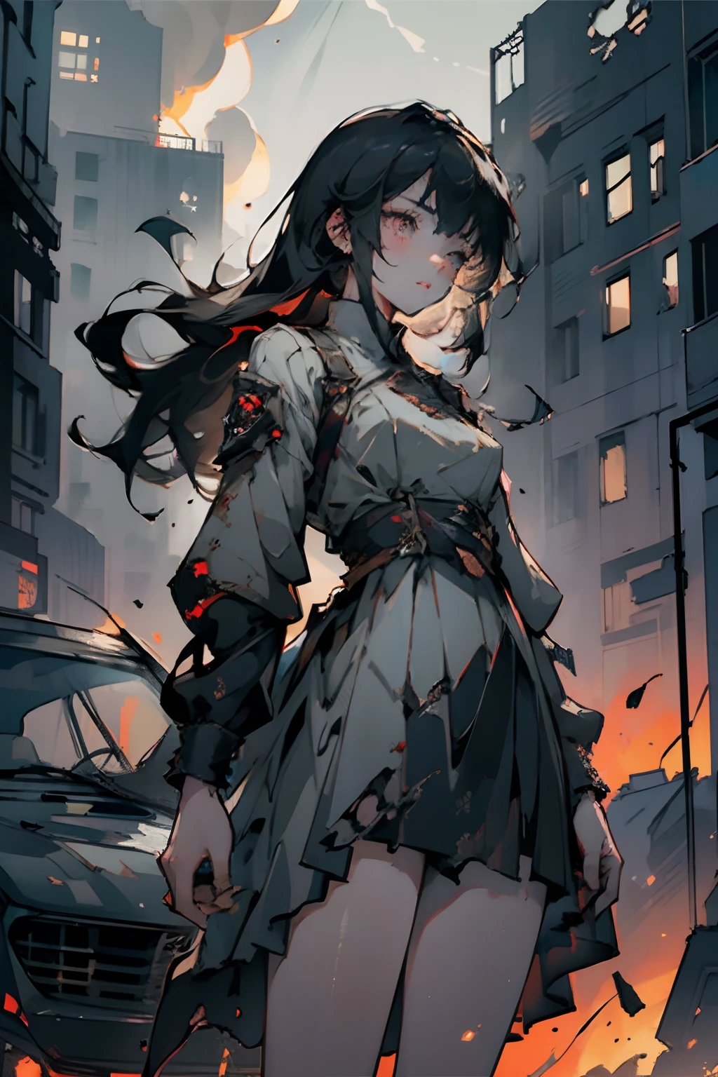 (best quality, ultra-detailed, realistic:1.37) (1 girl) standing on the roof of a car, wearing a torn and dirty dress, with beautiful detailed eyes and face, long eyelashes, and beautiful detailed lips, gazes at a completely destroyed city in the distance. The city is in ruins, with collapsed buildings, crumbling infrastructure, and smoke rising from the wreckage. The girl's expression shows a mix of sadness, awe, and determination. The car beneath her is damaged and weathered, covered in dust and rust. The sky above is dark and gloomy, with heavy clouds that hint at an impending storm. The surrounding landscape is desolate, with debris scattered around and remnants of a once-thriving urban area. The point of view is from below, capturing the girl as a powerful and resilient figure against the backdrop of devastation. The scene is bathed in a somber color palette, with muted tones accentuating the grim atmosphere. The lighting is dim, casting long shadows and highlighting the girl's silhouetted figure against the destruction.