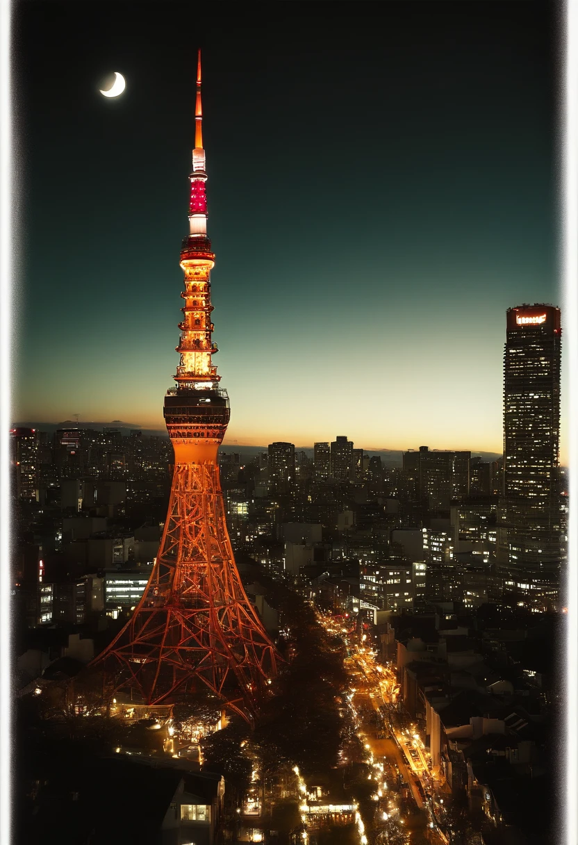 ((Tokyo Tower))Giant crescent moon、(((halloween night:1.9))),Halloween Decorations,high-level image quality、raw、Standing at Tokyo Skytree、nighttime scene、Milky Way Galaxy、Andromeda Nebula、tokyo streets、Flowing Lines of Light、Meteor swarm、((Approach to the Moon))