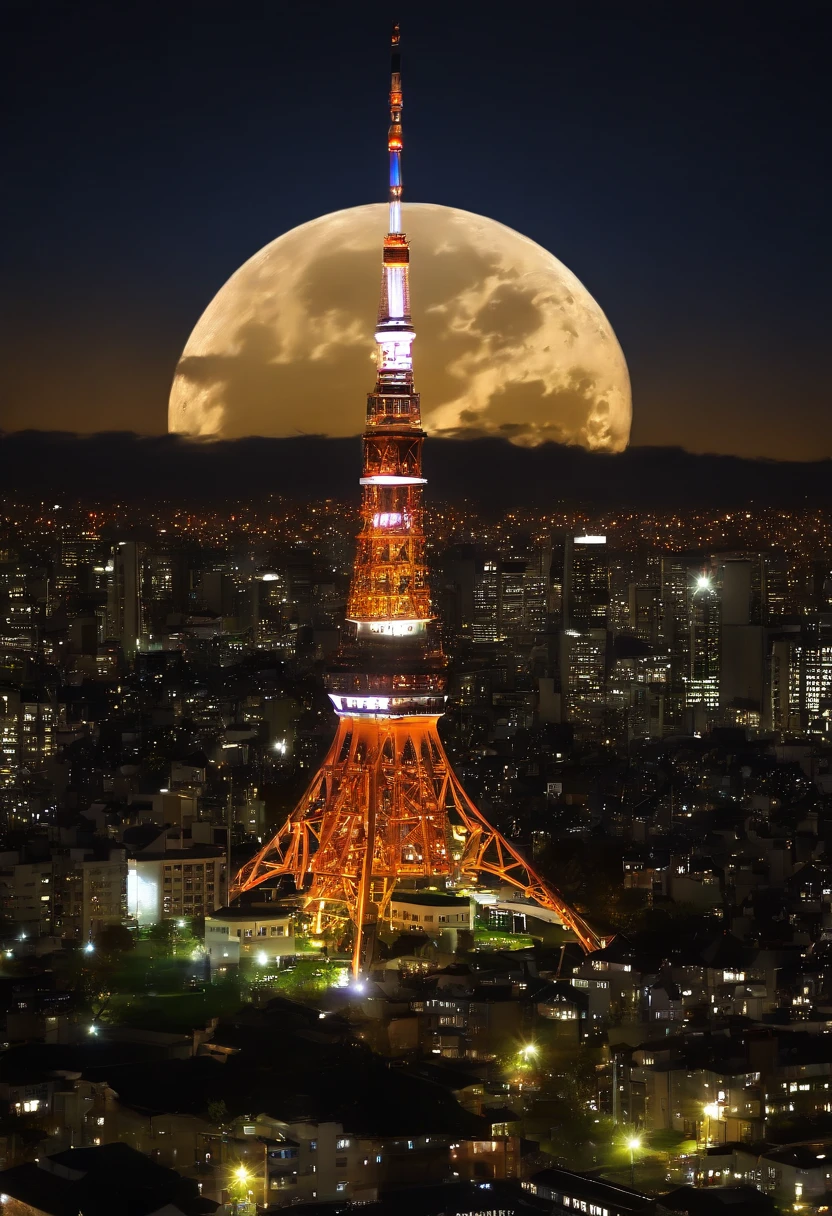 ((Tokyo Tower))Giant crescent moon、(((halloween night:1.9))),Halloween Decorations,high-level image quality、raw、Standing at Tokyo Skytree、nighttime scene、Milky Way Galaxy、Andromeda Nebula、tokyo streets、Flowing Lines of Light、Meteor swarm、((Approach to the Moon))
