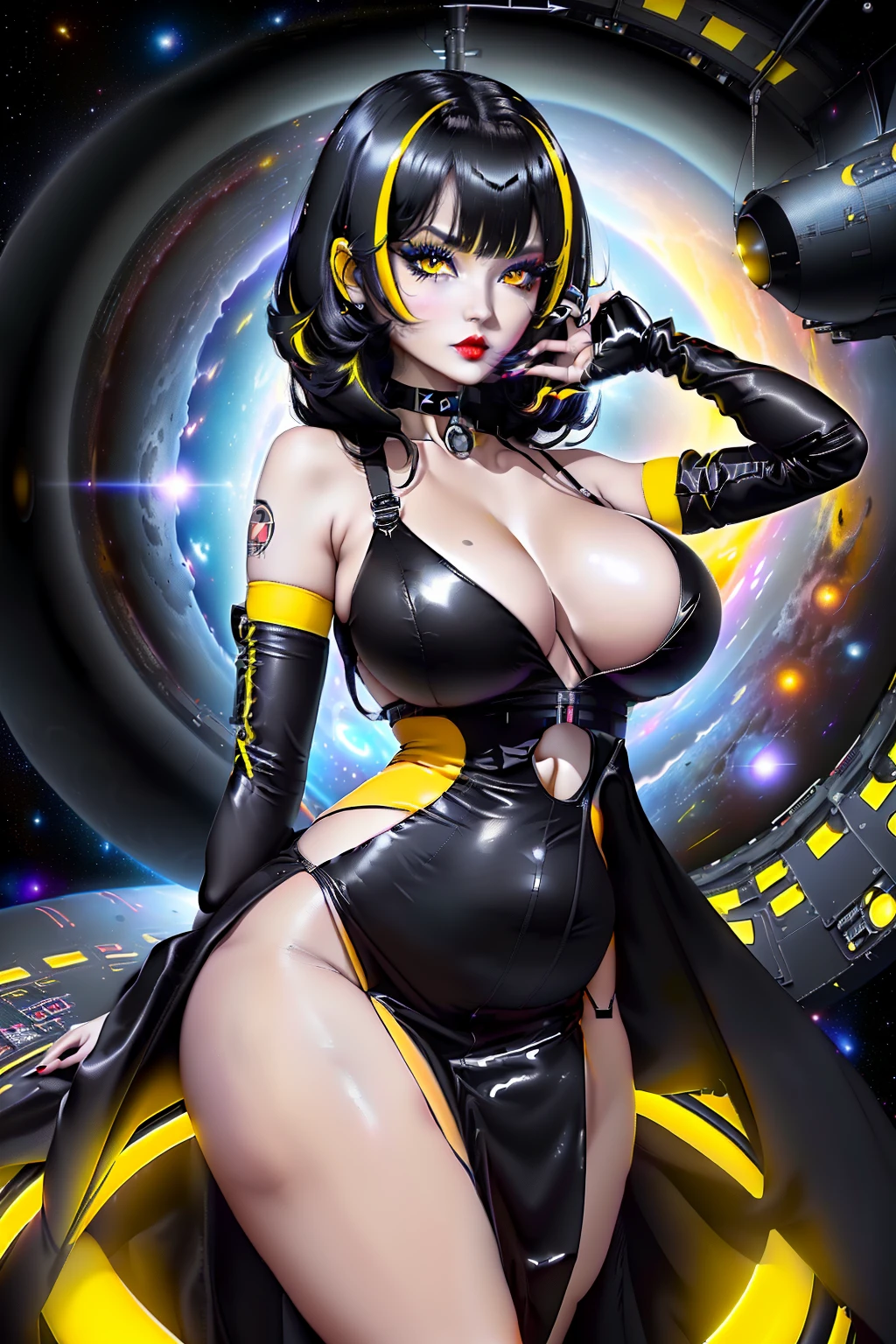 ((Black hole-chan character from internet)) ((beautiful face)) (red lipstick) ((big black eyes with yellow iris)) ((very long black and yellow straight hairstyle)) ((very huge breasts)) (perfect slim body) ((wears long black dress with galaxy patter)) ((choker)) ((posing sexy on space station)) (high resolution dynamic lights and shadows) ((masterpiece)) (8k) (perfect face) (best quality) (perfect hands and eyes)