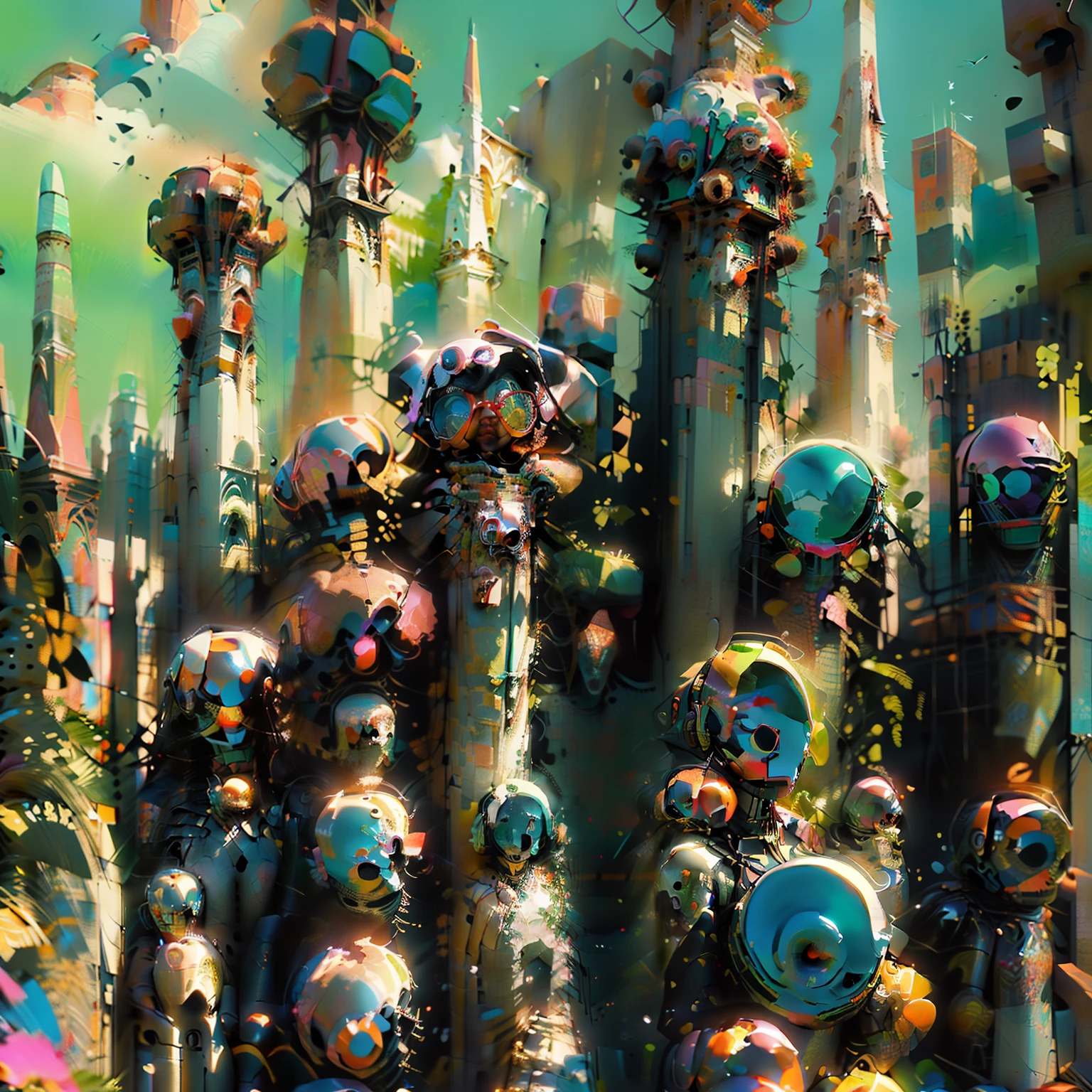 a painting of a colorful city with totems and totems, dmt city, maximalism digital art, an alien cityscape, alien cityscape, psychedelic surreal art, psychedelic digital art, surreal alien kingdom, hallucinatory art, psychedelic art style, dmt art, hyper detailed digital art, painting by android jones, trippy art, deep dream, alien city
