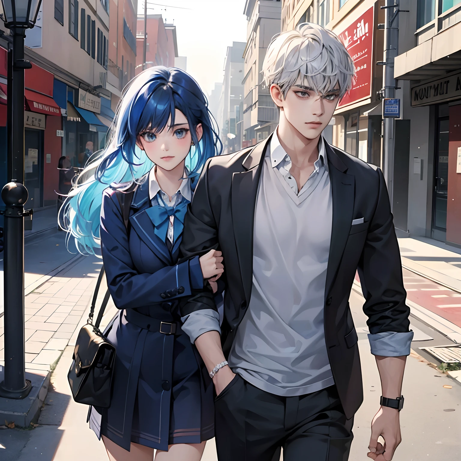 Couple, 1 boy 1 girl, different hair color, bad boy x good girl, school life, romantic