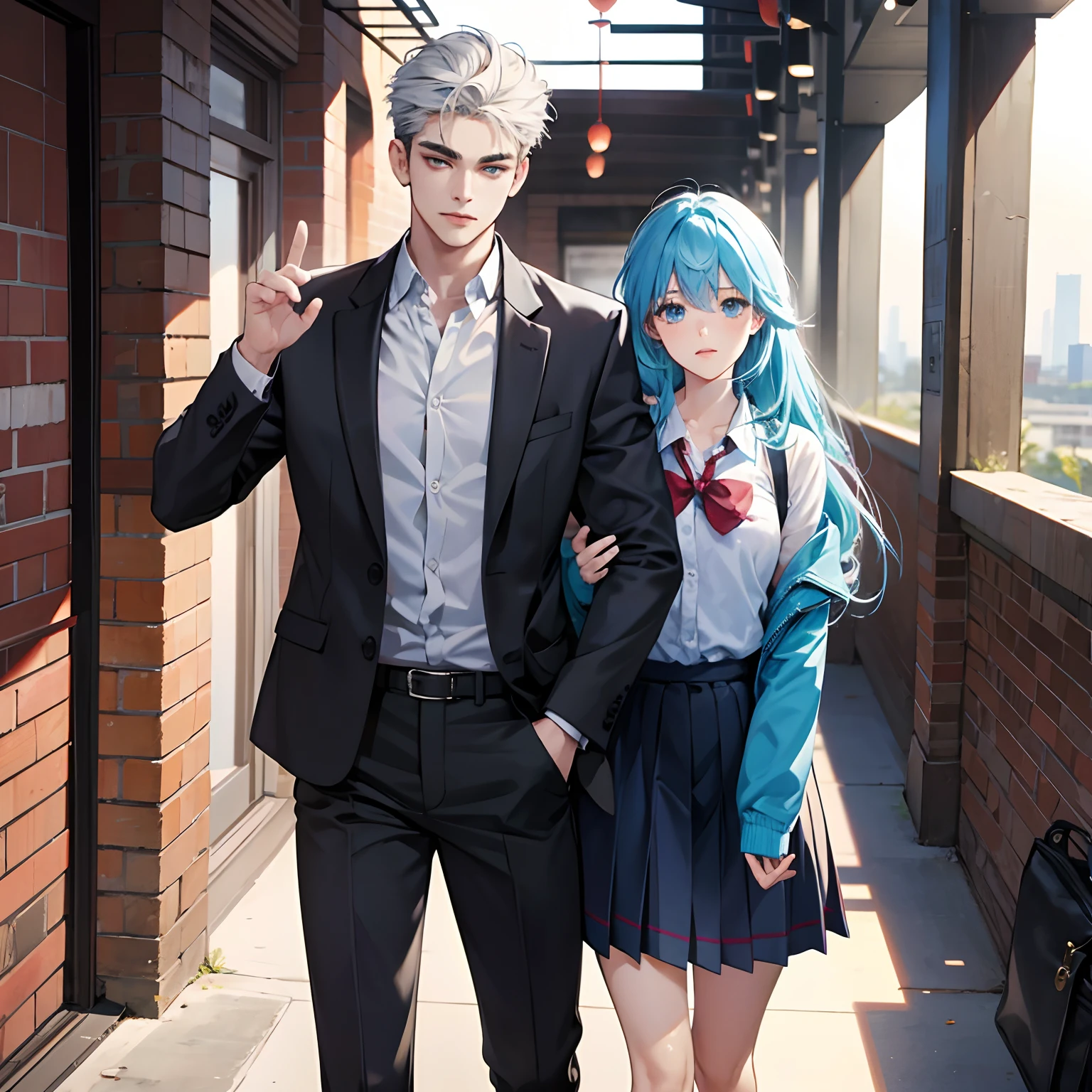 Couple, 1 boy 1 girl, different hair color, bad boy x good girl, school life, romantic