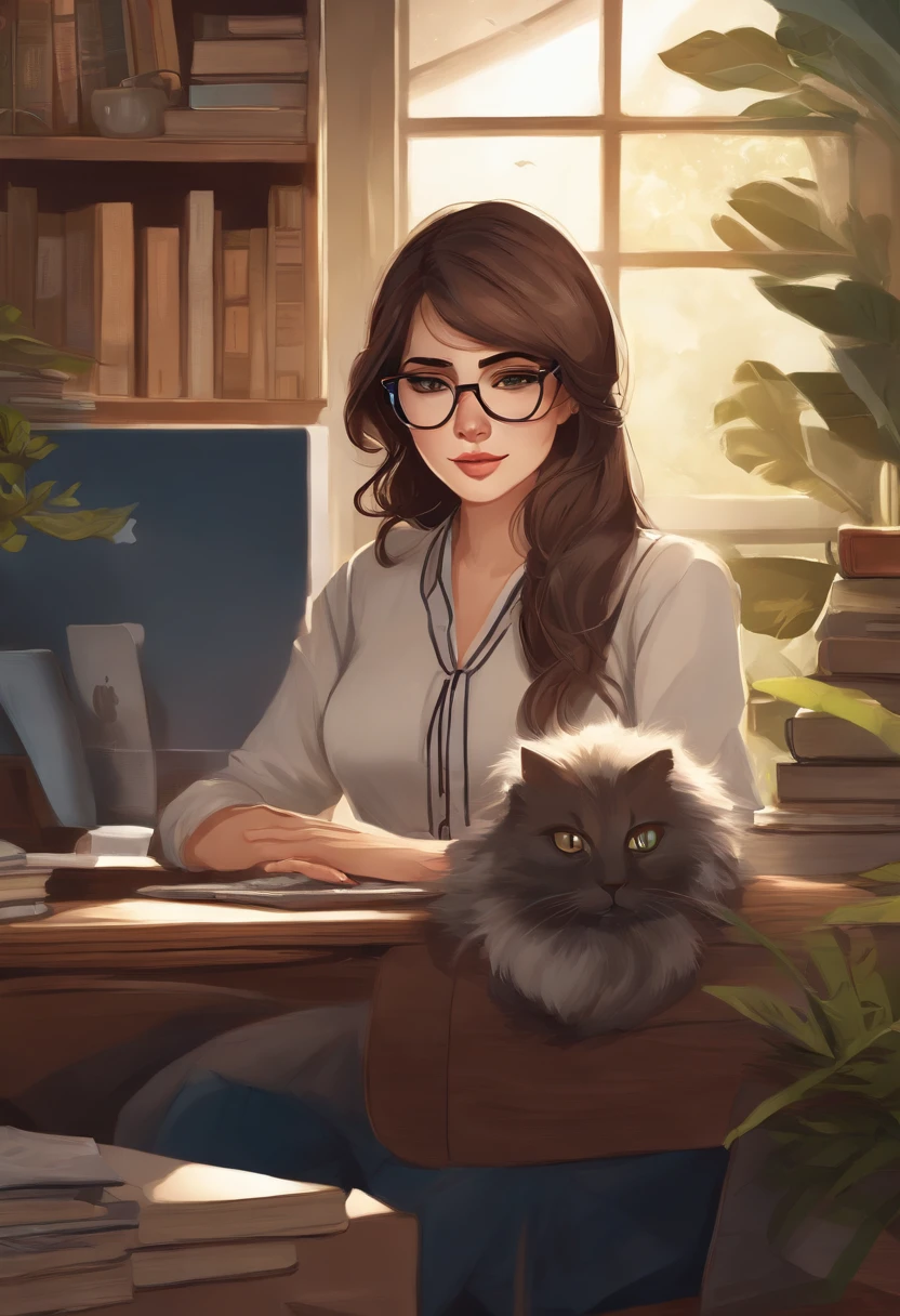 anime style white woman, 25 years old, 1m58, dark blue framed cat eye glasses, medium length straight brown hair with blue-green highlights, wearing an Indian style outfit, working on her macbook at a desk full of papers, books, a lamp and a black and white cat sleeping. in the background, a forest