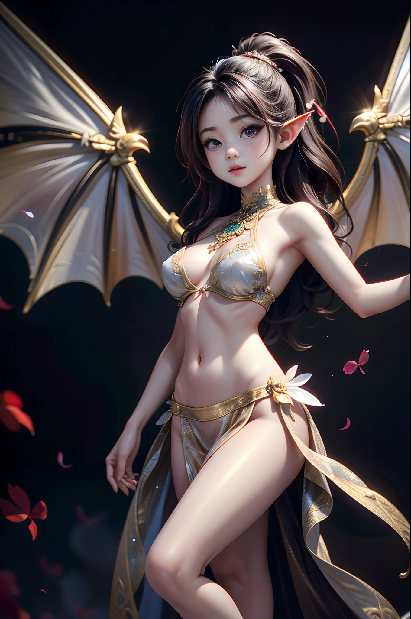 in 8K,clear image quality:1.2,masterpiece:1.2,NSFW,photo,reallistic:1.2,ultra-detailliert:1.2,professional lighting,(1 cute petite girl:1.4),NSFW, show off nipple:1.5, (from above, aerial view:1.2), (fantasy:1.4), cityscape, above cloud, foggy, (wide shot:1.3), BREAK
black hair, red eyes, long hair, bandeau, navel, pelvic curtain, (dragon girl:1.1), dragon horns, (dragon wings:1.2), dragon tail, (scales, intricate details:1.2), BREAK
dynamic pose, flying, floating, airborne, looking afar, outstretched arms, Perfect Anatomy:1.2、smooth white skin,Perfectly trimmed fingers,