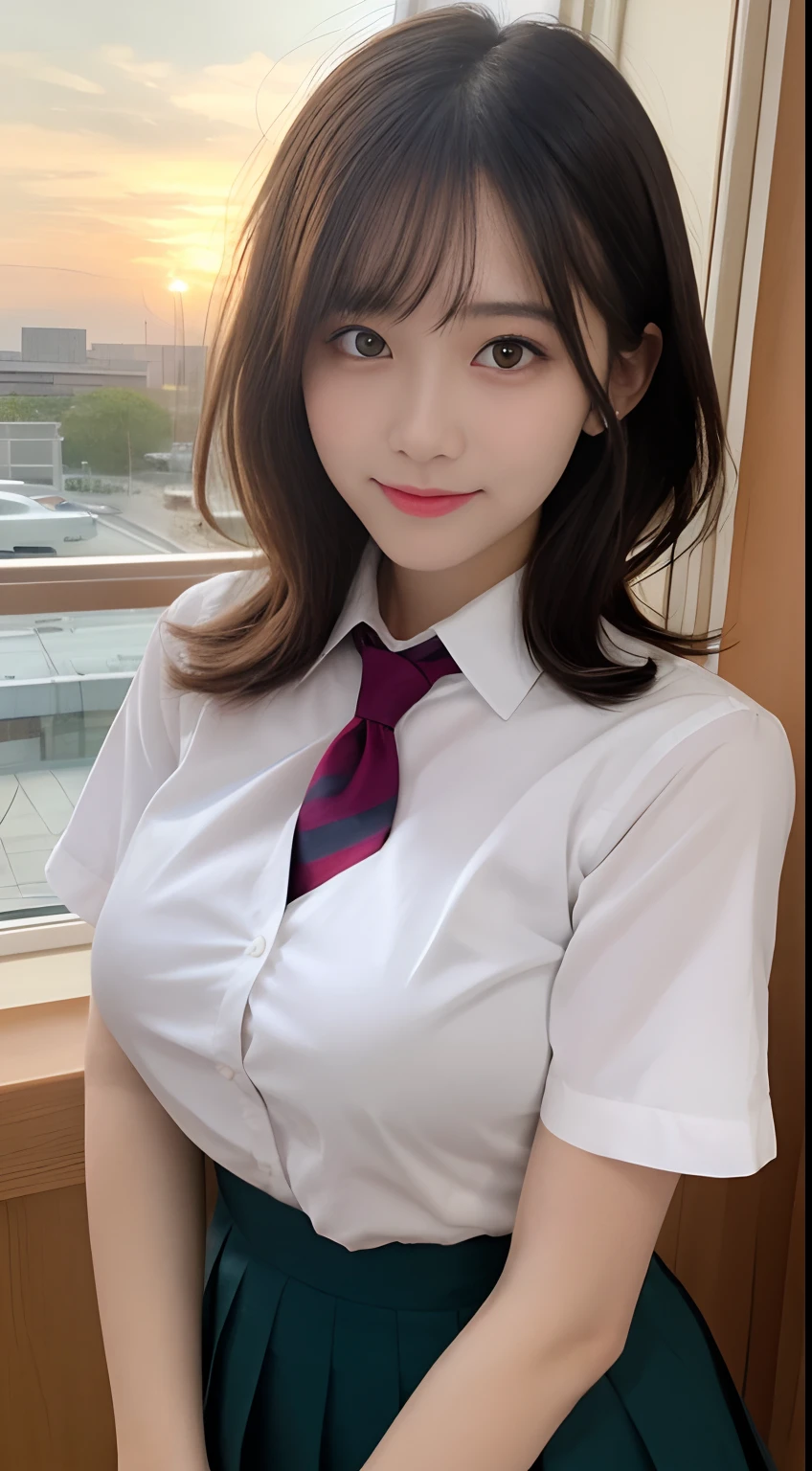 masutepiece, Best Quality, Illustration, Ultra-detailed, finely detail, hight resolution, 8K Wallpaper, Perfect dynamic composition, (Beautiful detailed eyes:1.1), ribon tie, high school uniform, frilled Mini skirt, wavy short bob hair, (gigantic breasts:1.2), Bold sexy poses, Smile, school, 18 years girl, (Cute1.3), Sexy shot looking at camera, sunset, by the window, summer, lite make up