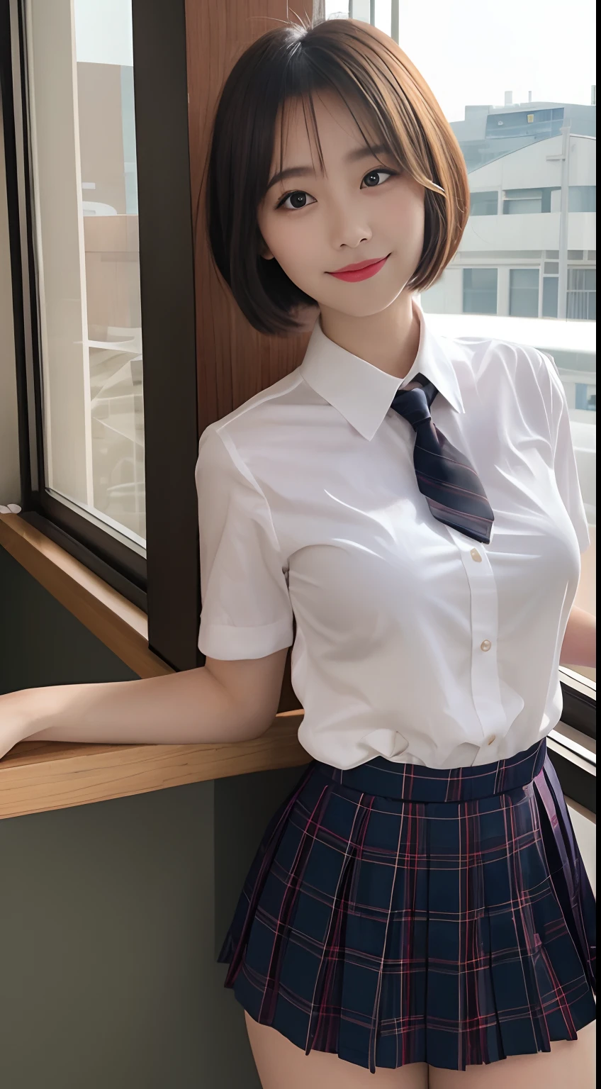 masutepiece, Best Quality, Illustration, Ultra-detailed, finely detail, hight resolution, 8K Wallpaper, Perfect dynamic composition, Beautiful detailed eyes, ribon tie, high school uniform, frilled Mini skirt, Very short bob hair, (gigantic breasts:1.3), Bold sexy poses, Smile, school, 18 years girl, (Cute1.3), Sexy shot looking at camera, sunset, by the window,