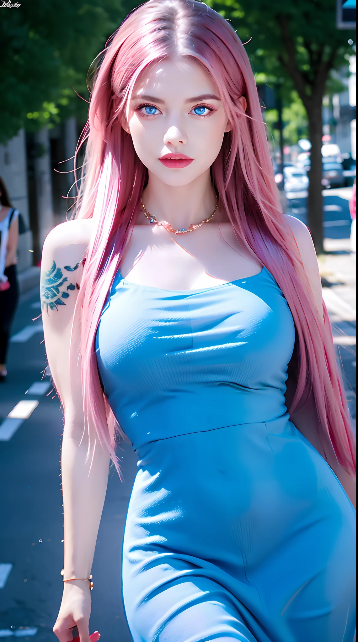 photorealistic, high resolution, 1women, shining skin, solo, tattoo, jewelry, pink lips, long hair, blue eyes, closed mouth, hips up, mini dress, street wear
