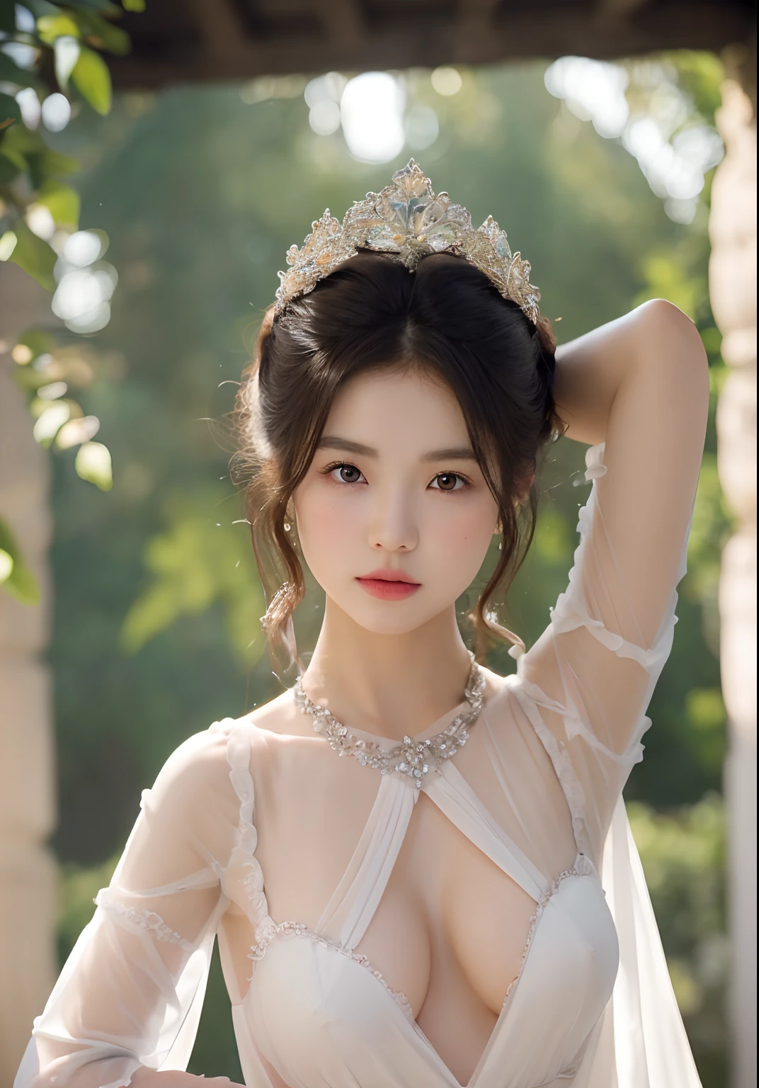 1girl, (beauty breast), (upper body), ((very transparent) dress), (erotic_pose), indoor bedroom castle (blur background), (masterpiece), kim Yoo-jung, (aphrodite goddess), pretty young face (Russian) (Asian), adept art, very best quality detailed face:1.5, (8k HD graphic, (soft and chill light), best quality detailed ultra highres:1.2 dynamic lighting, artstation, winner photography, volumemetricslighting),