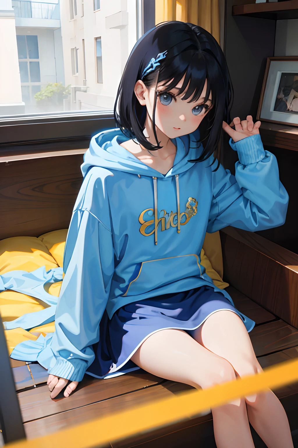 ，（​masterpiece，Highest Quality），Light blue hoodie，(Gypsy skirt)，shortsleeves，A dark-haired