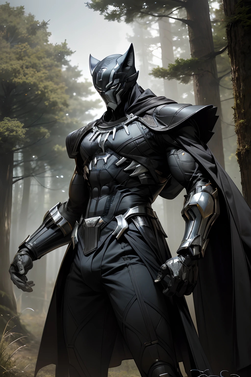 Beisteman、Black Panther Man、Adult Male、Slender Macho Body、The whole body is covered with hairs......、Forest landscape and steppe、