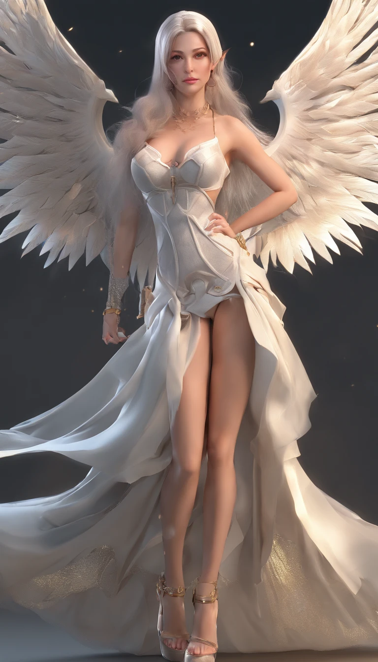 Official Art, rich and colorful, Colored background, Splash of Color,Perspective,  Beautiful woman with delicate features,(Macka style), Full body portrait, best quality,masterpiece,Ultra-high resolution,Modern, Chinese, Rhythm, Oriental beauty blue eyes (Wide-angle lens, Wide-angle lens,panoramic:1.2),Super Vision, Super wide-angle low-angle shooting, 超Wide-angle lens, (ring:1.3)Bow hair flower angel(Milky white skin, Glowing skin:1.5)(bandage:1.4)Feather wings Angel wings Bare feet Blushed face Blood on clothes (Thin legs:1.5), Platinum blonde hair, Own hands folded medium breasts