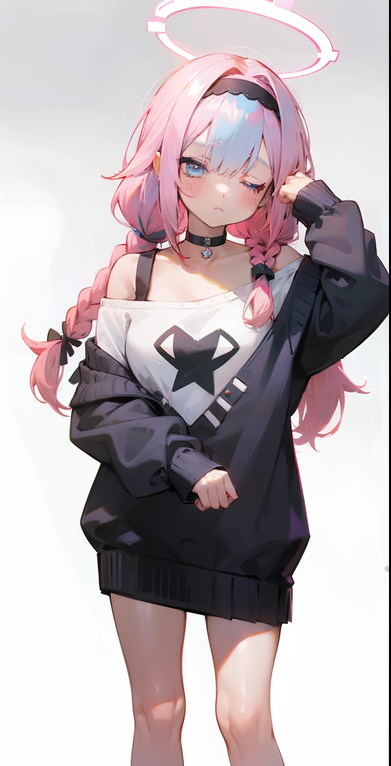 1girl, alternative costume, arona \(blue file\), bangs, bare thick legs, bare big thighs, bare shoulders, black choker, black hairband, black sweater, ((eyes closed from sleep)), blush, braid, choker, collarbone, colored inner hair, hair over one eye, (large chest), hair ribbon, hair band, halo, long hair, long sleeves, looking at viewer, multicolored hair, off-shoulder sweater, off-shoulder , pink hair, single braid, standing alone, sweater, Wariza, white background, white hair, arms raised, ((very sleepy))
