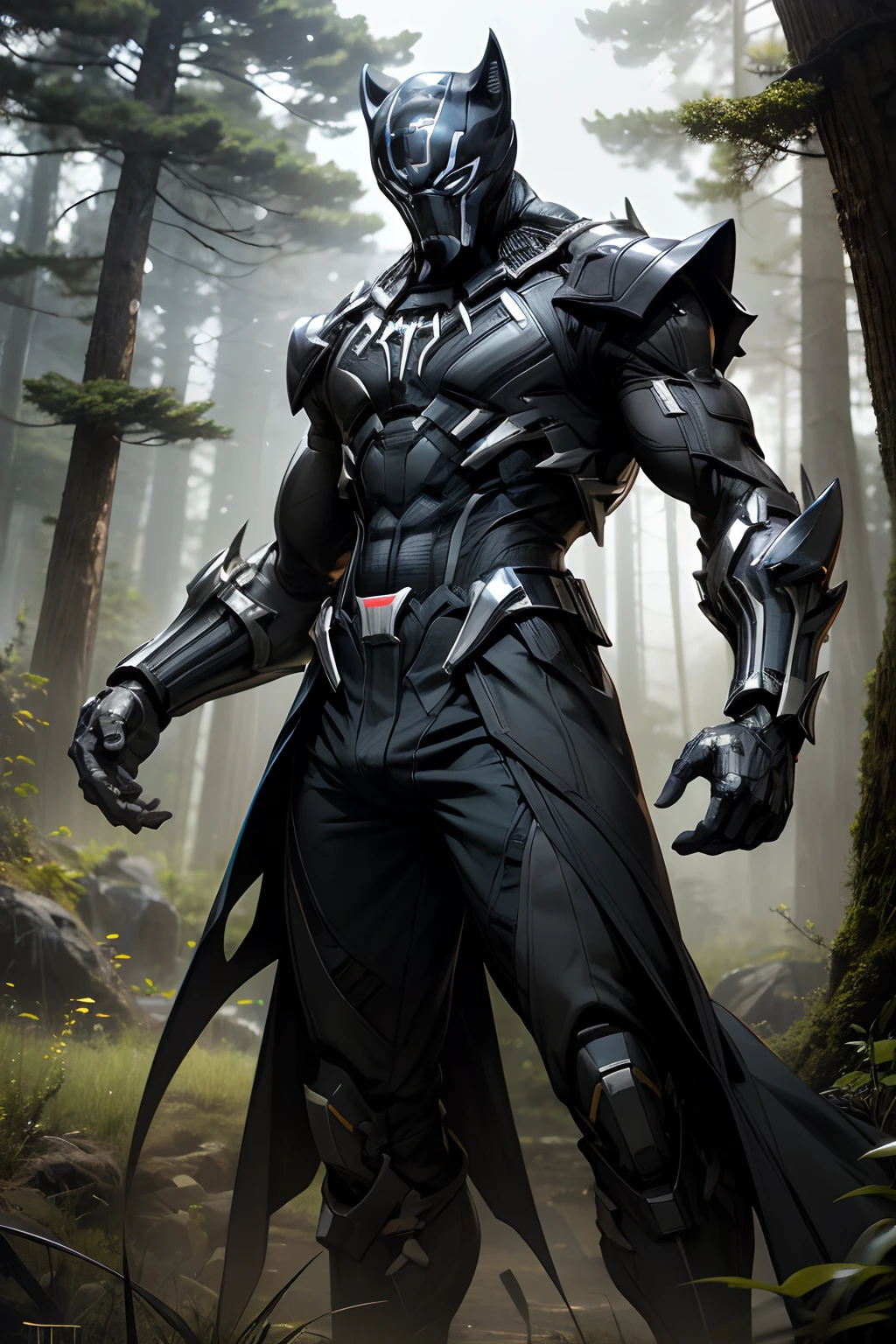 Beisteman、Black Panther Man、Adult Male、Slender Macho Body、The whole body is covered with hairs......、Forest landscape and steppe、