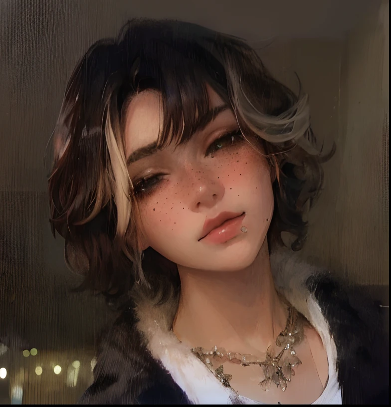 arafed woman with a necklace and a fur coat taking a selfie, freckles, blush, alt girl, cut, beautiful androgynous girl,  hair, curly middle part haircut, with short hair with bangs, 🤤 girl portrait, androgynous face, with short hair, with a bob cut, grunge aesthetic, flipped out hair, with short straight brown hair,  haircut