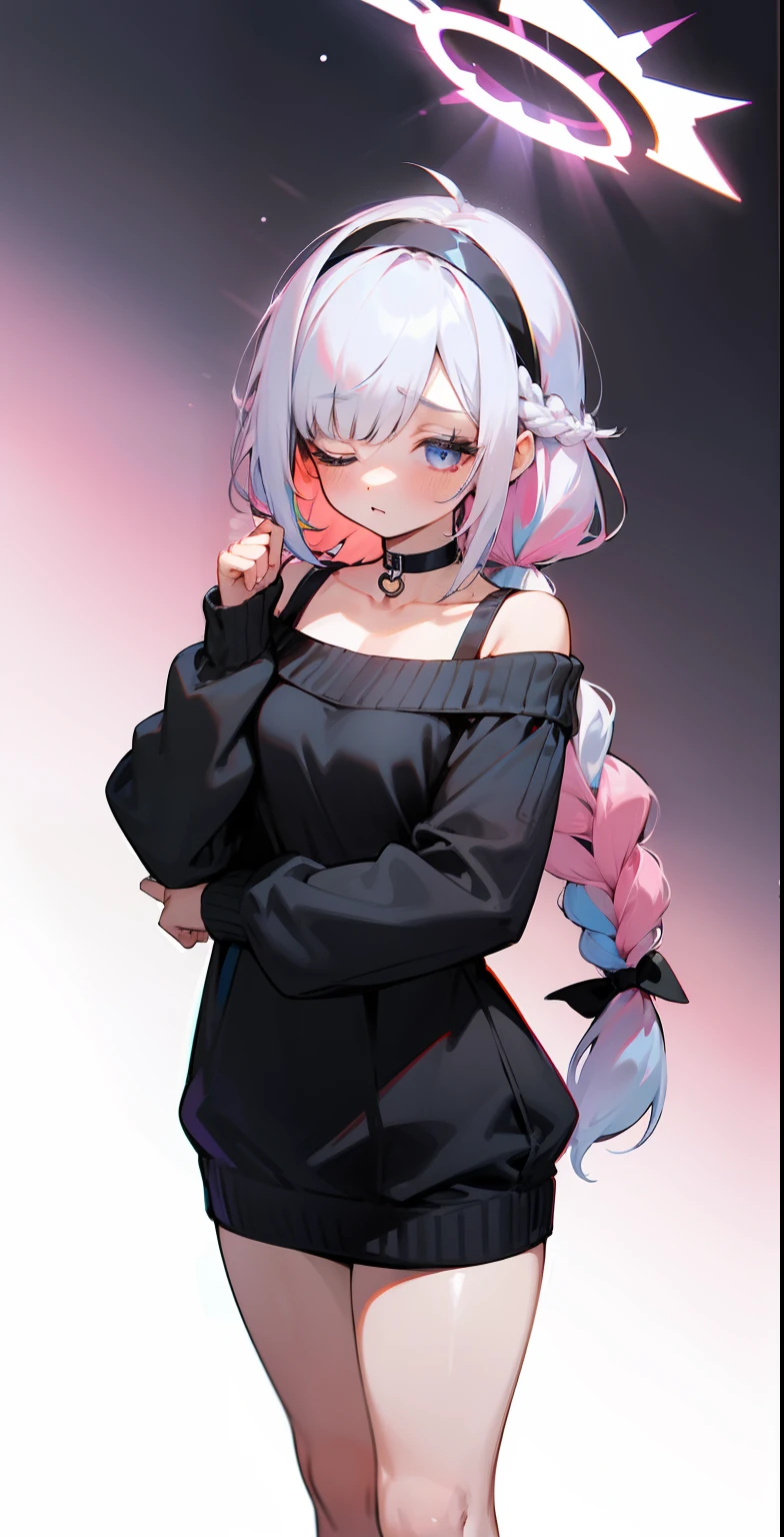 ((best quality)), ((masterpiece)), (detailed), 1girl, off-shoulder sweater,long white hair,crimson right eye,dark purple left eye,huge